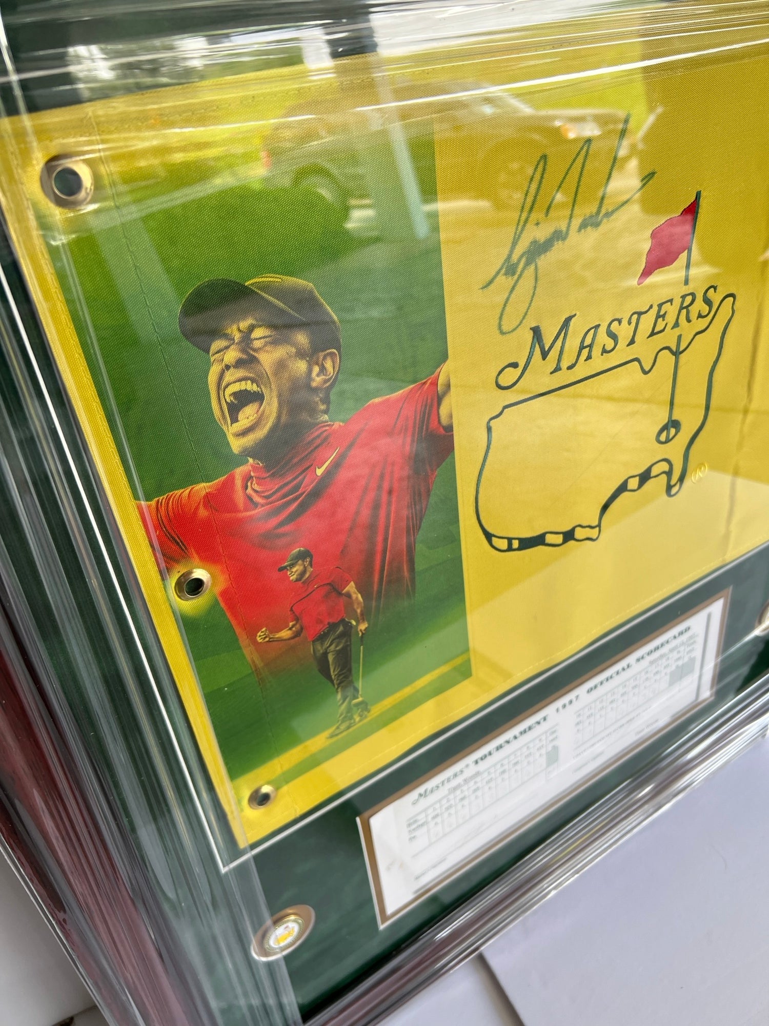 Tiger Woods Masters golf pin flag signed & framed 24x26 with proof