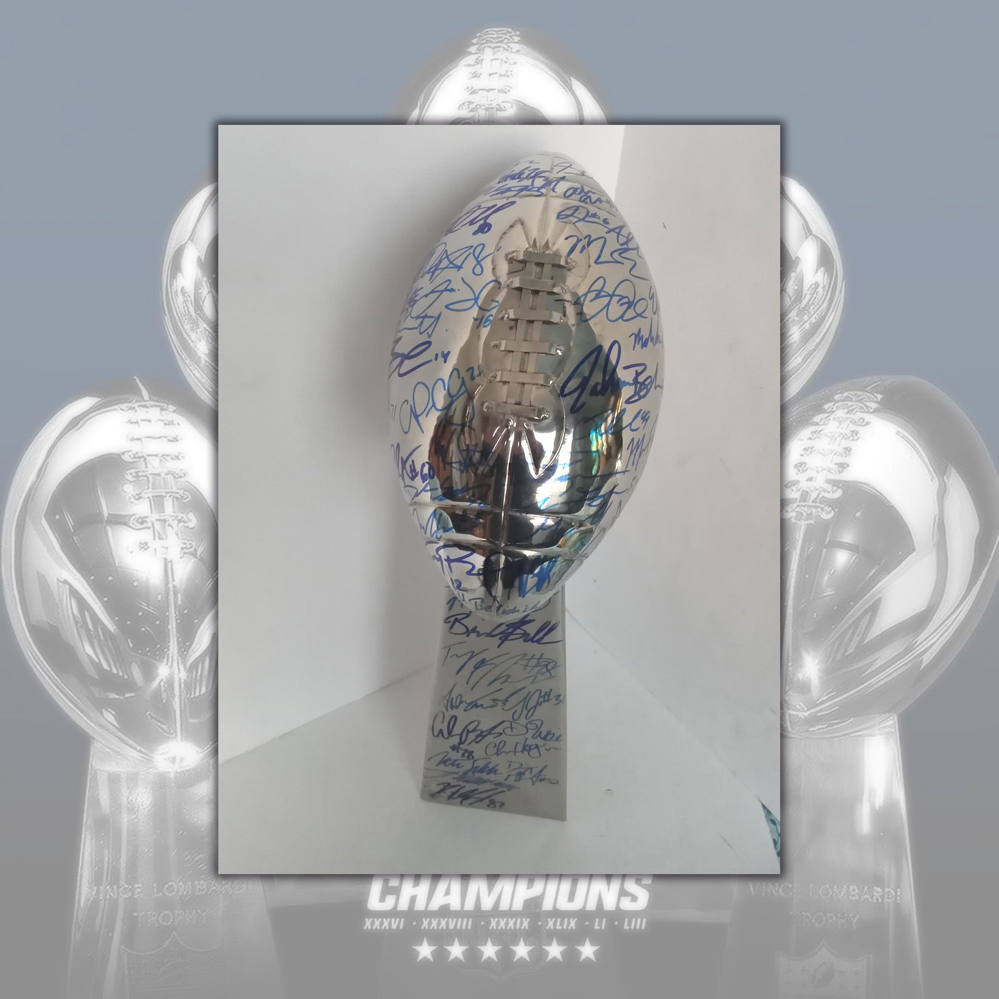Tom Brady, Rob Gronkowski, New England Patriots Super Bowl champions team signed Lombardi trophy with proof