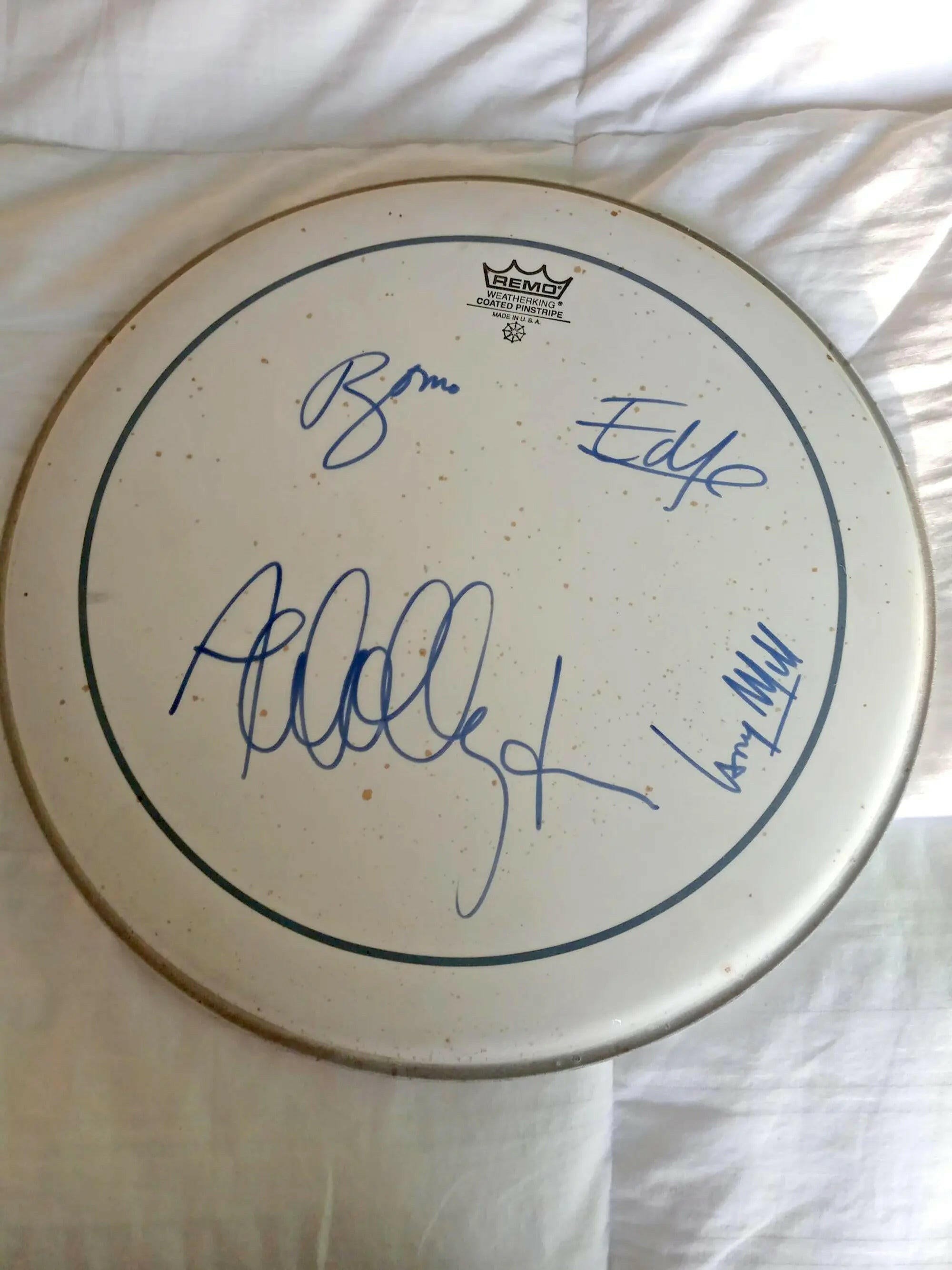 U2 Bono, The Edge, Larry Mullen, Adam Clayton 14 inches Remo drumhead signed with proof
