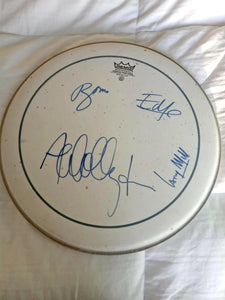 U2 Bono, The Edge, Larry Mullen, Adam Clayton 14 inches Remo drumhead signed with proof