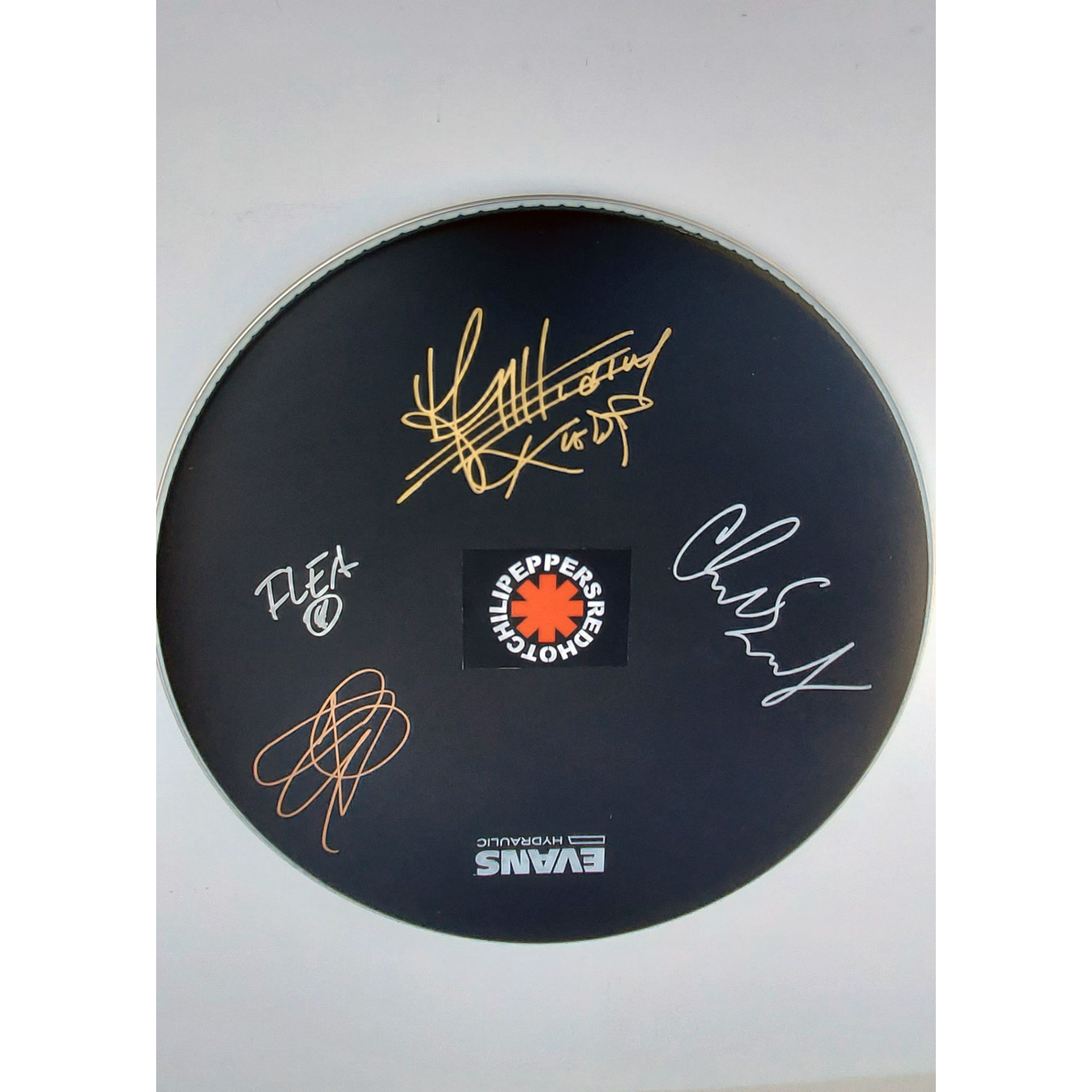 Anthony Kiedis, Flea, Chad Smith, Red Hot Chili Peppers 14-inch drum head signed with proof
