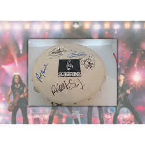 Scorpions Klause Meine, Rudolph and Michael Schenker, Mikkey Dee, 14-inch tambourine signed with proof