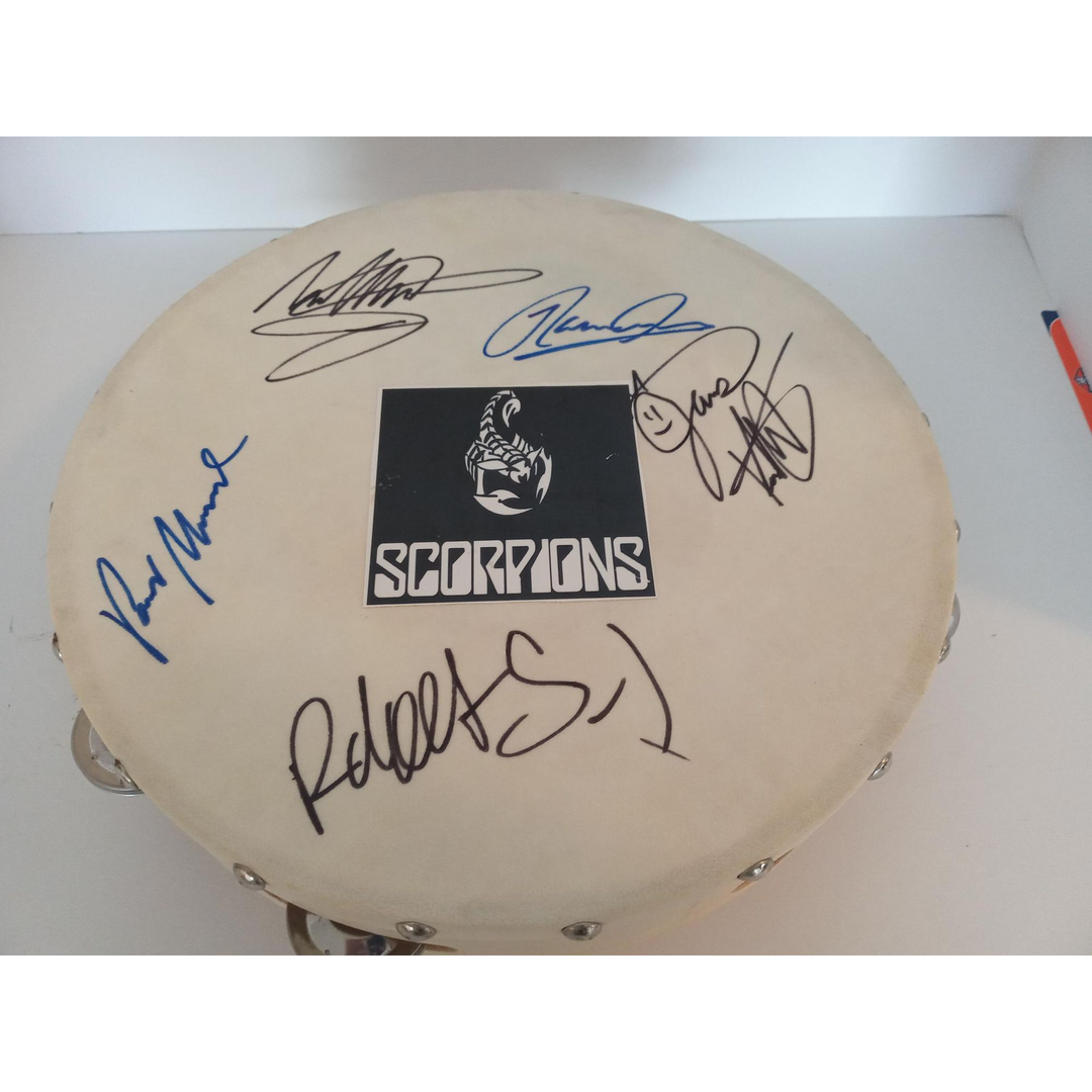 Scorpions Klause Meine, Rudolph and Michael Schenker, Mikkey Dee, 14-inch tambourine signed with proof