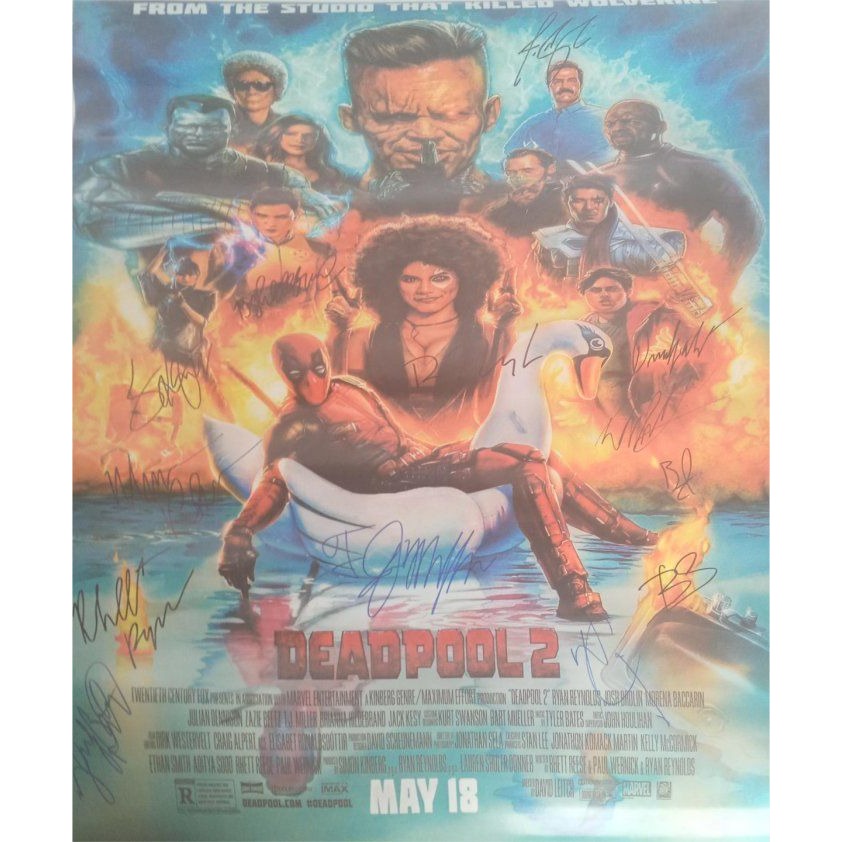 Deadpool 2 Ryan Reynolds Brad Pitt 24 by 36 original poster signed with proof 13 signatures