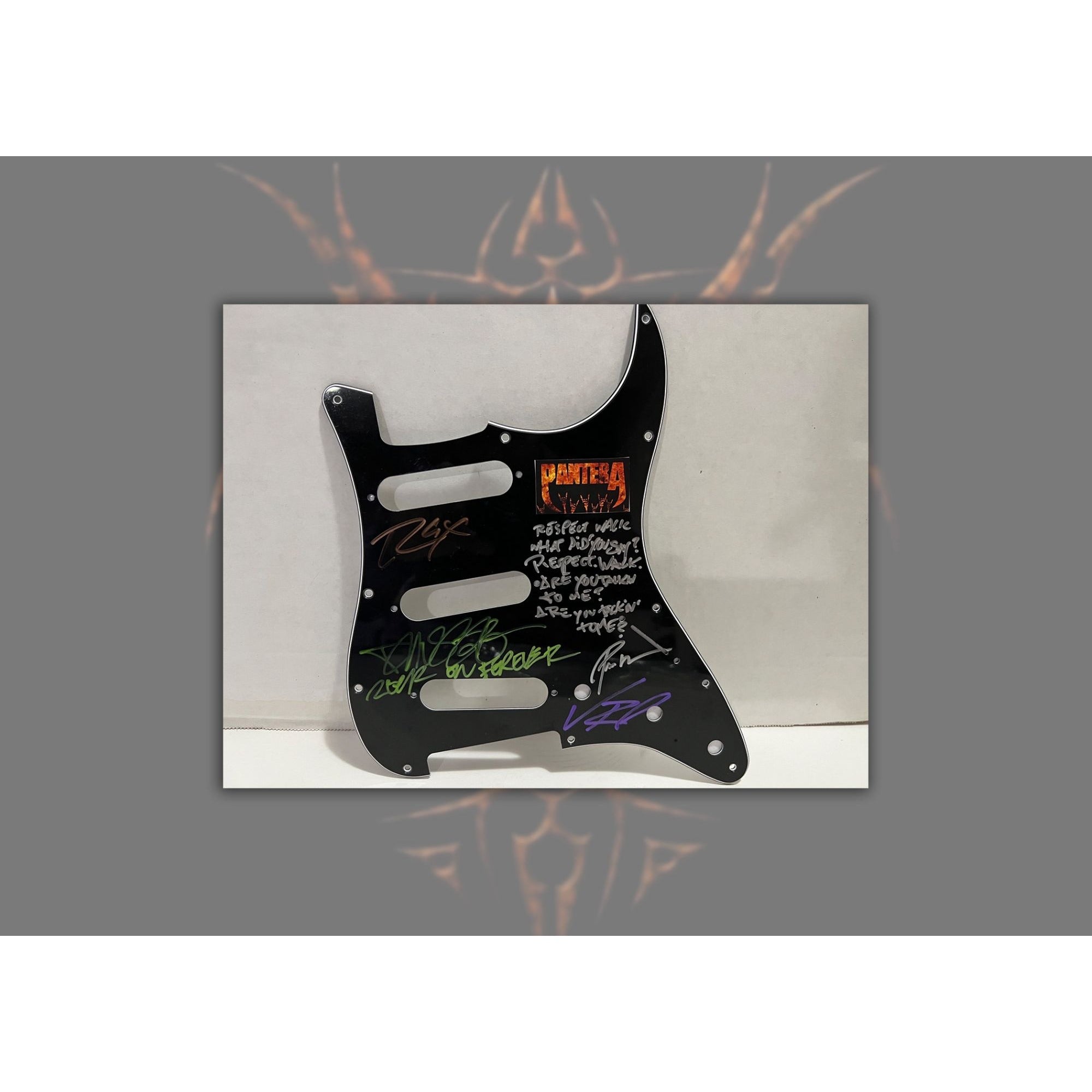 Pantera electric guitar pickguard Dimebag Darrell Abbott, Vinnie Paul, Rex Brown and Phil Anselmo signed with proof