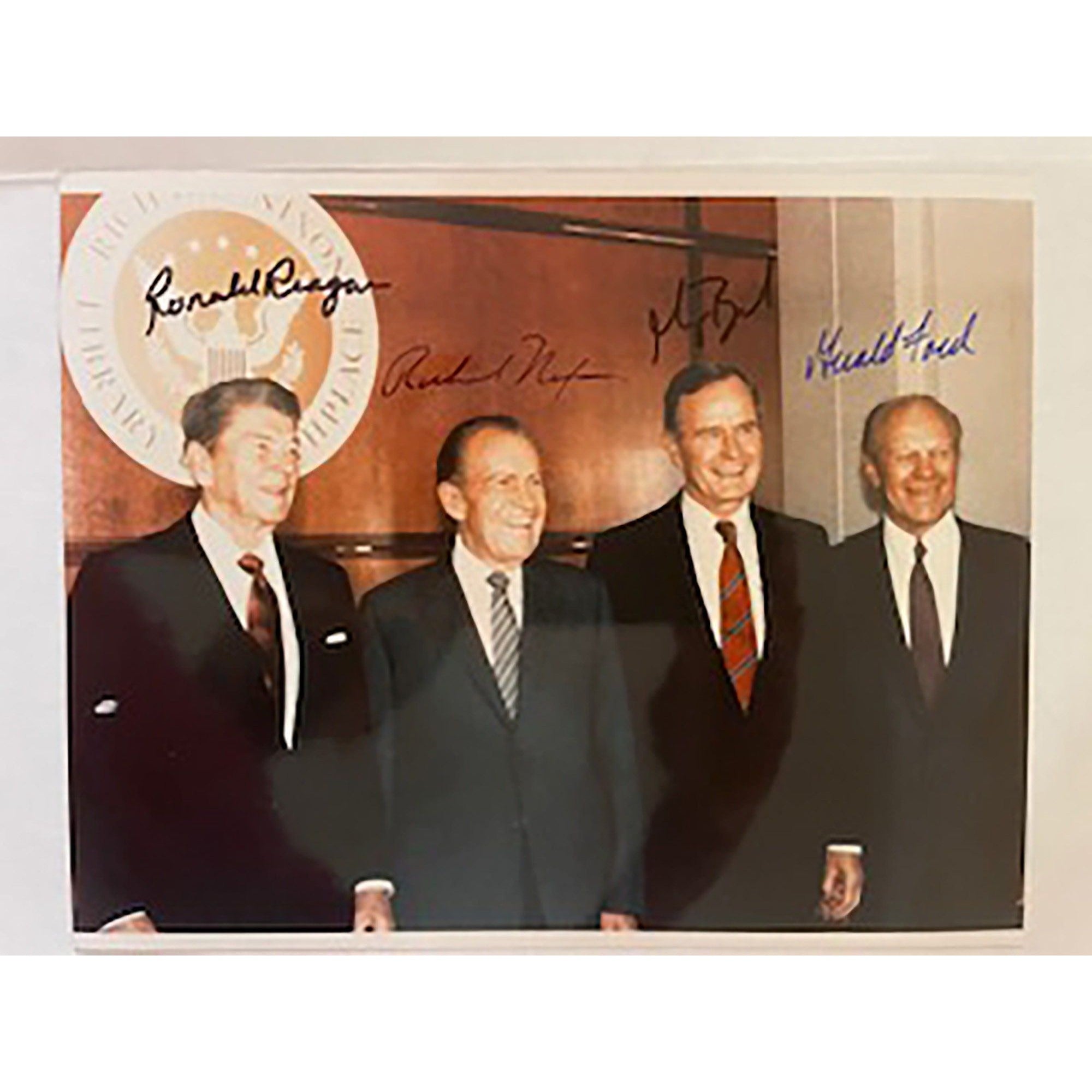 Richard Nixon, Ronald Reagan, George H Bush, Gerald Ford 8 x 10 signed photo with proof