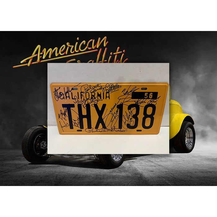 American Graffiti  original licence plate Hand-signed by: Bo Hopkins, Cindy Williams, Candy Clark, Harrison Ford and more