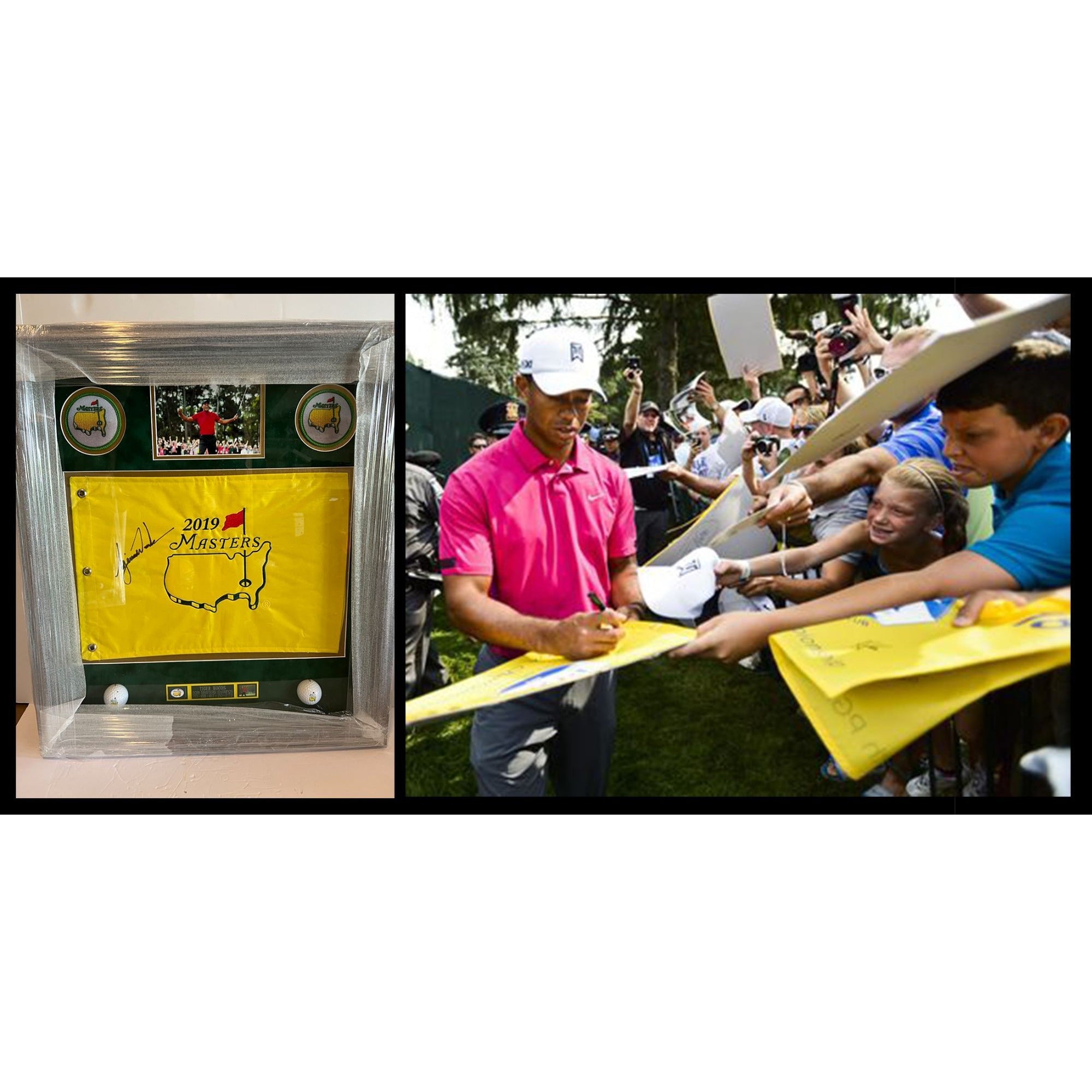 Tiger Woods Másters golf tournament pin flag with museum quality frame 24x27 signed with proof