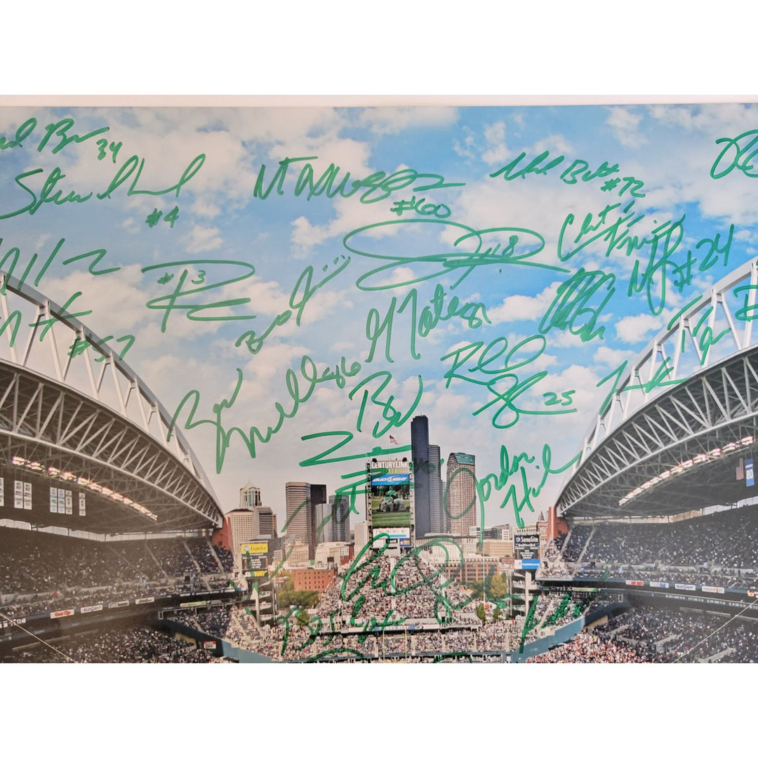 Seattle Seahawks Russell Wilson Marshawn Lynch Pete Carroll team signed 16 x 20 photo 2014 Super Bowl champs - Awesome Artifacts 