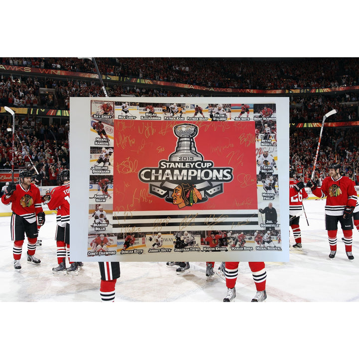 2012-13 Chicago Blackhawks Patrick Sharp Johnathan Toews Duncan Keith Corey Crawford team signed 16 x 20 photo