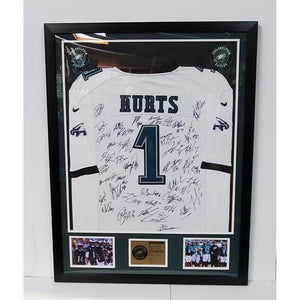 Philadelphia Eagles 2022-23 Jalen Hurts Boston Scott Davanta Smith AJ Brown authentic game model Jersey team signed and framed with proof