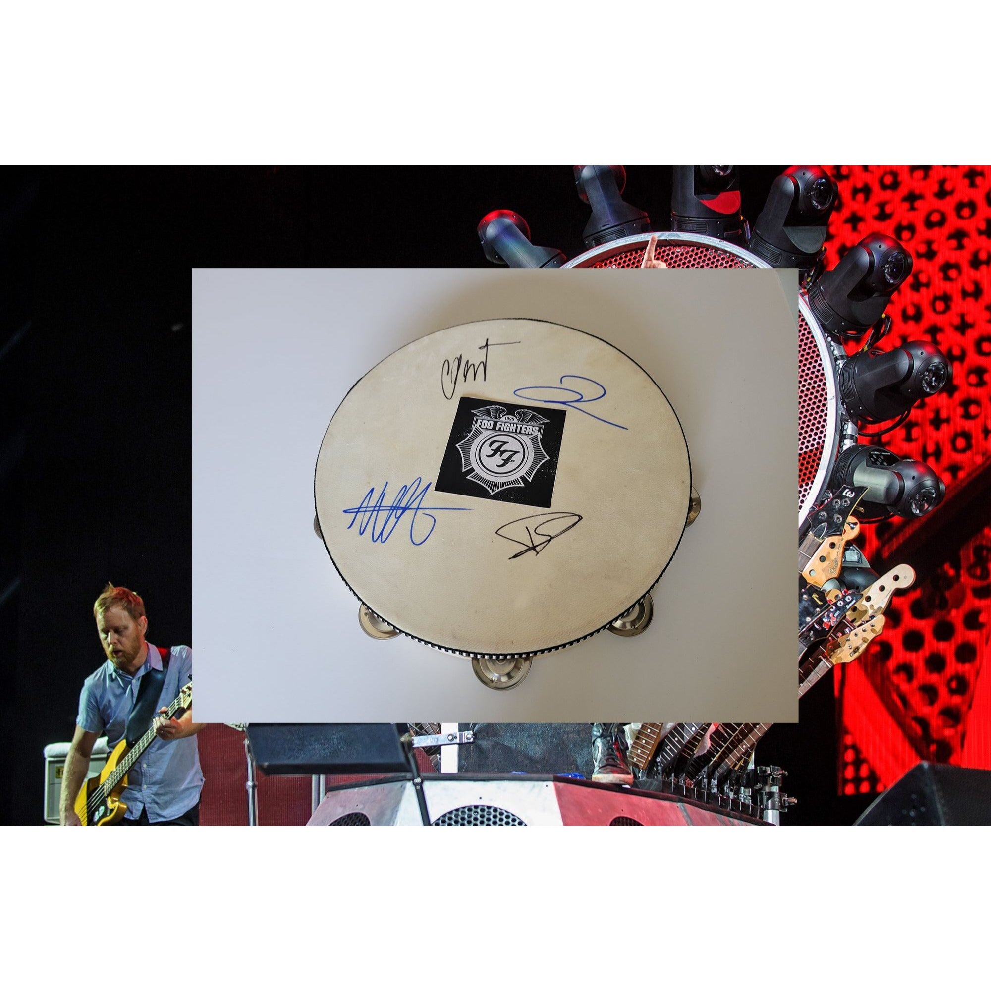 Foo Fighters, Dave Grohl, Nate Mendel, Taylor Hawkins, Chris Shiflett tambourine signed