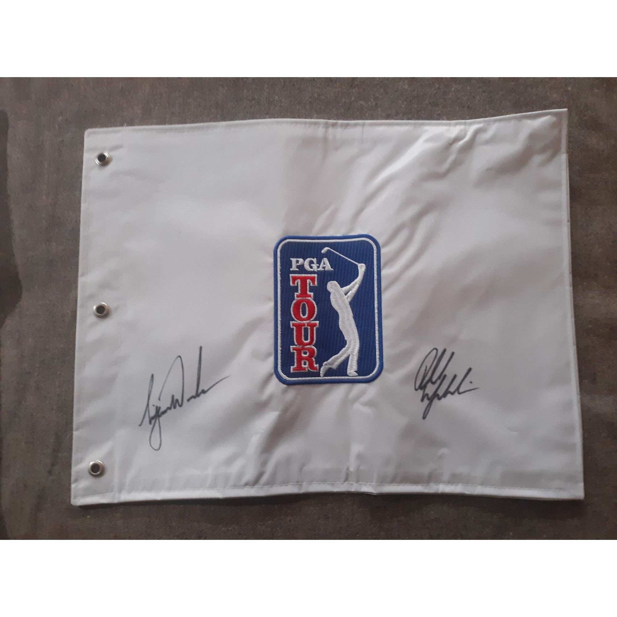 Phil Mickelson and Tiger Woods PGA golf pin flag signed with proof
