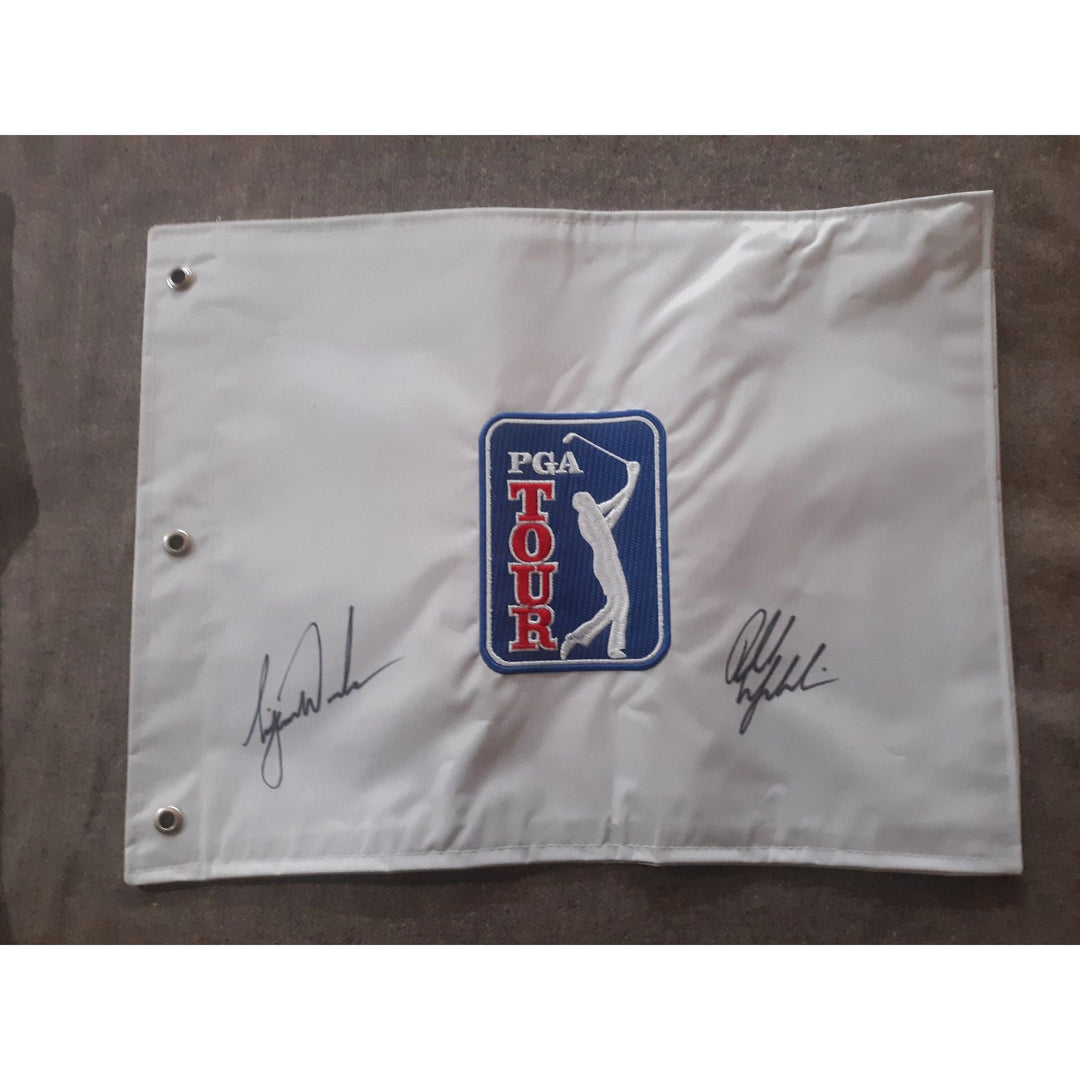 Phil Mickelson and Tiger Woods PGA golf pin flag signed with proof - Awesome Artifacts 