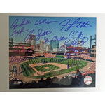 Load image into Gallery viewer, Bob Gibson, Whitey Herzog, Albert Pujols, Ozzie Smith, Stan Musial 8 by 10 signed photo with proof
