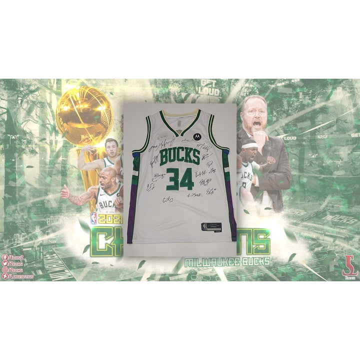 Giannis Antetokounmpo Milwaukee Bucks NBA champions 2020-21 team signed jersey with proof