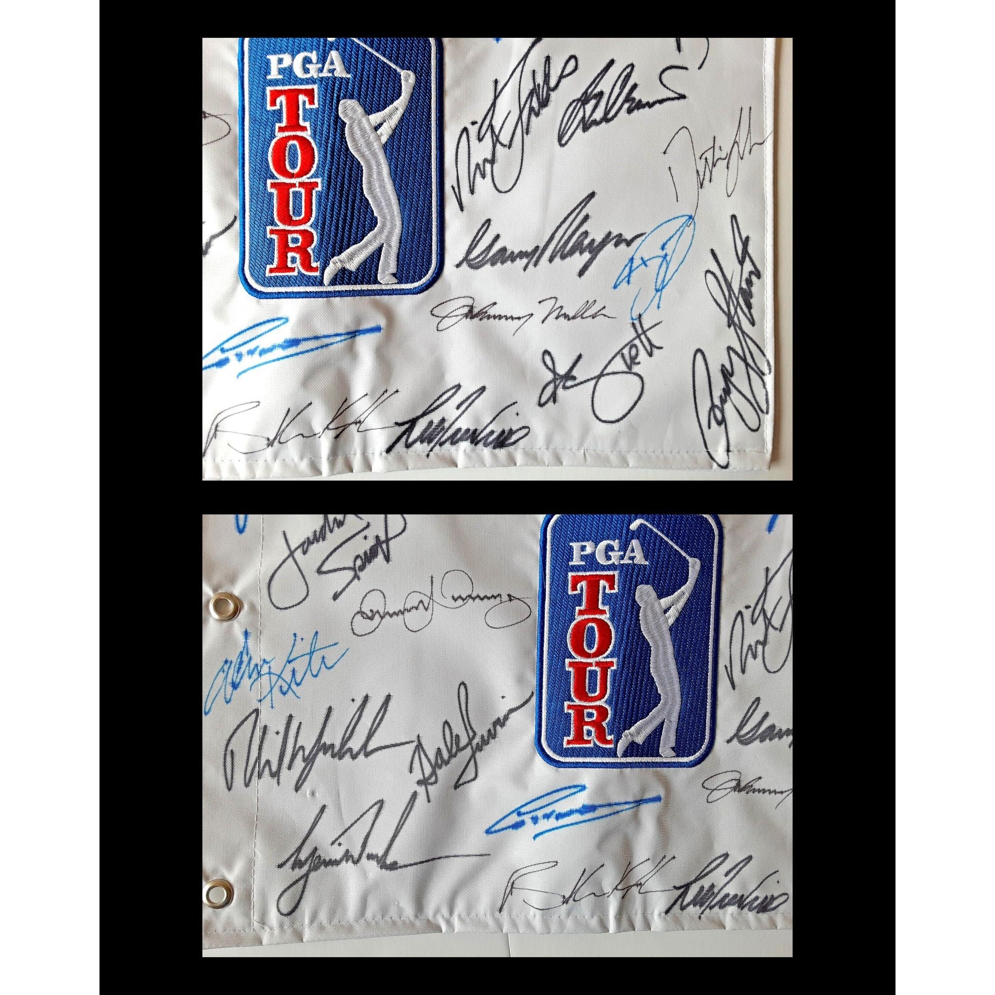 Phil Mickelson, Arnold Palmer, Johnny Miller, Tiger Woods signed PGA golf flag with proof