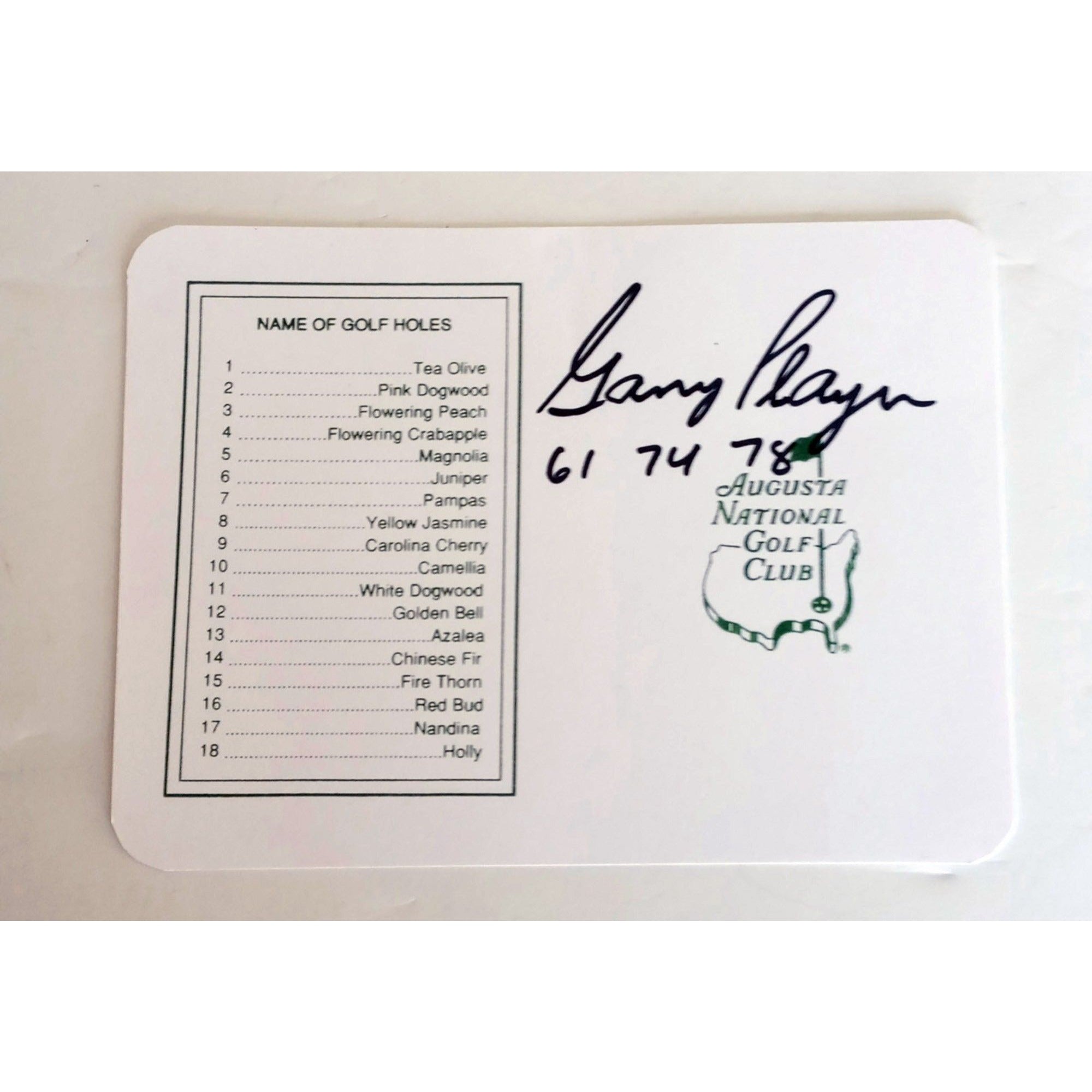 Gary Player inscribed and signed Masters Golf scorecard with proof