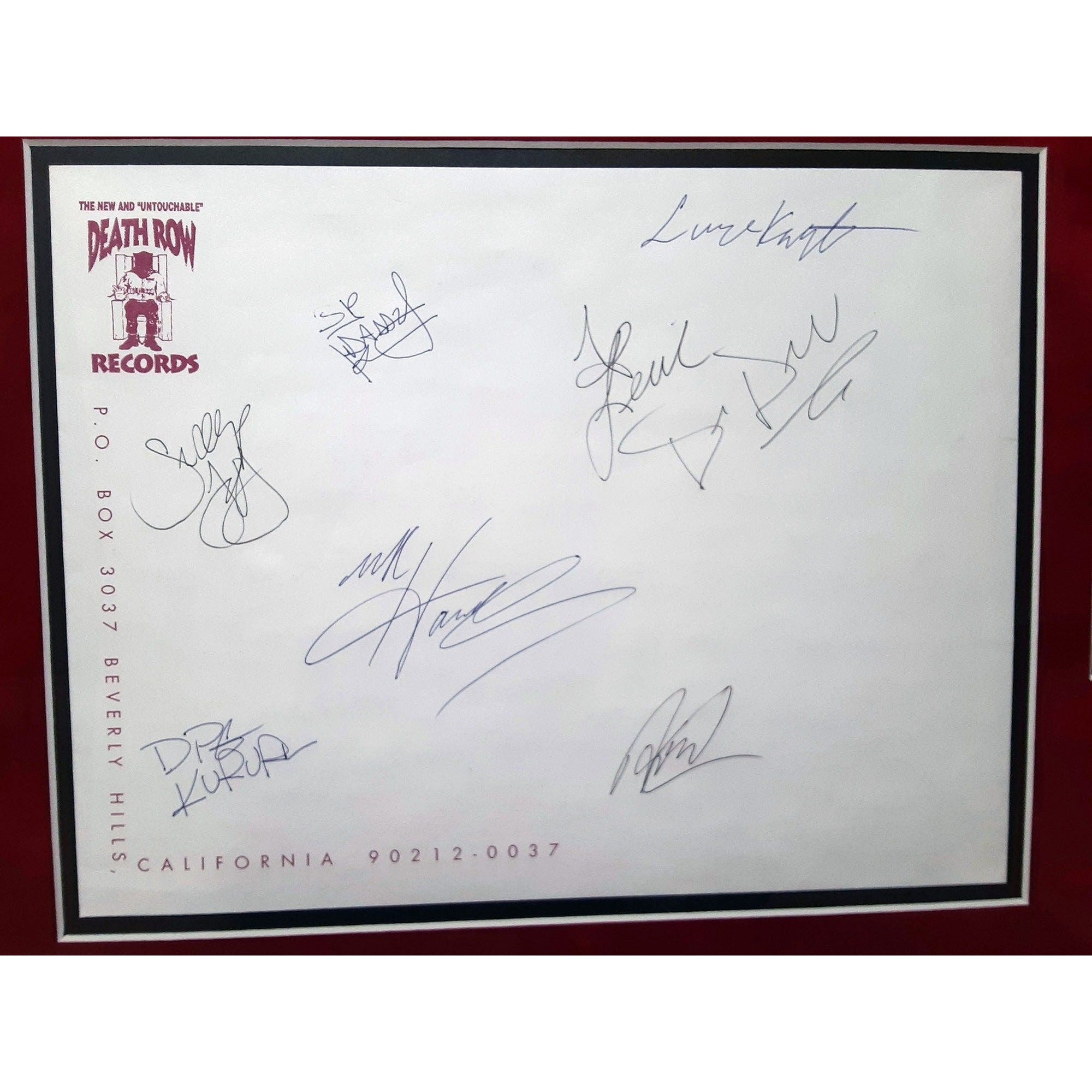 Suge Knight, Tupac Shakur, MC Hammer, Snoop Dogg, Dr, Dre, Death Row OG stationery signed and framed