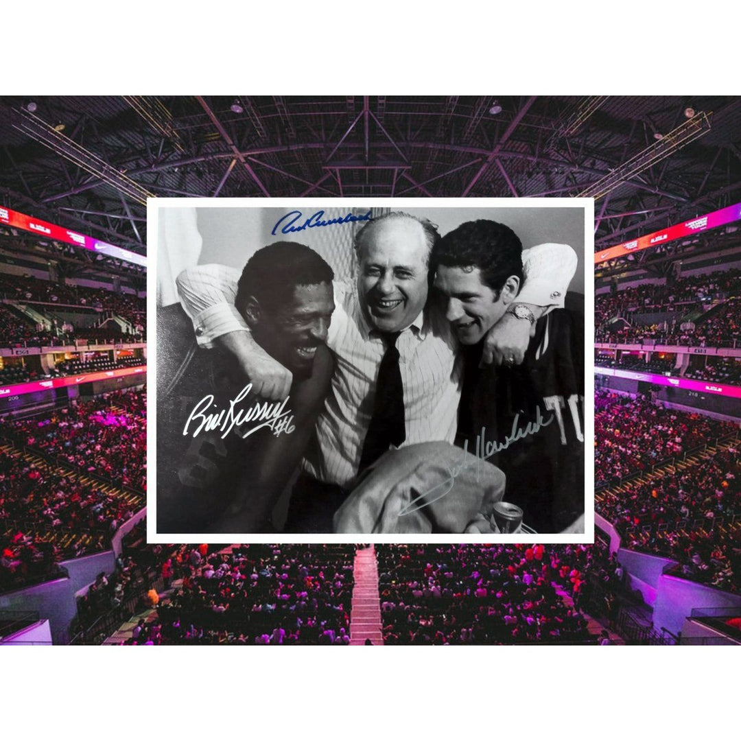 Boston Celtics Red Auerbach John Havlicek Bill Russell 11 by 14 photo signed