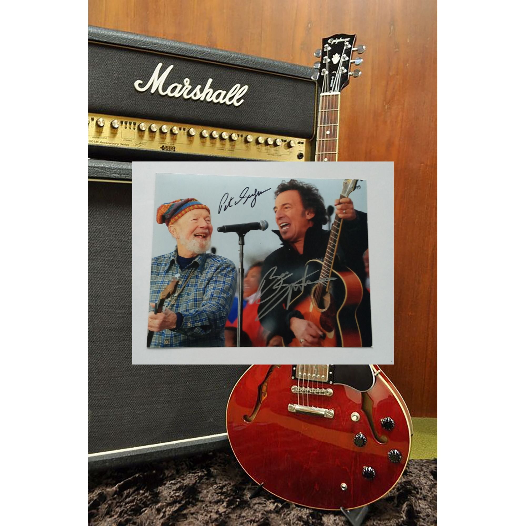 Bruce Springsteen and Pete Seeger 8 by 10 signed photo with proof