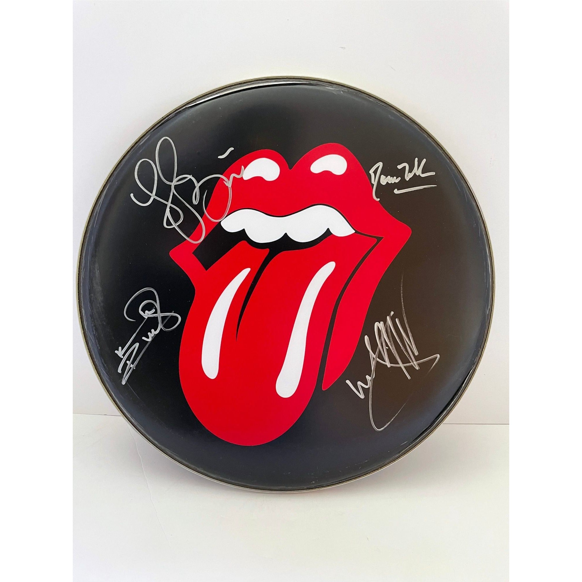 Bill Wyman Mick Jagger Keith Richards Ronnie Wood and Charlie Watts 14 inch drum head signed with proof
