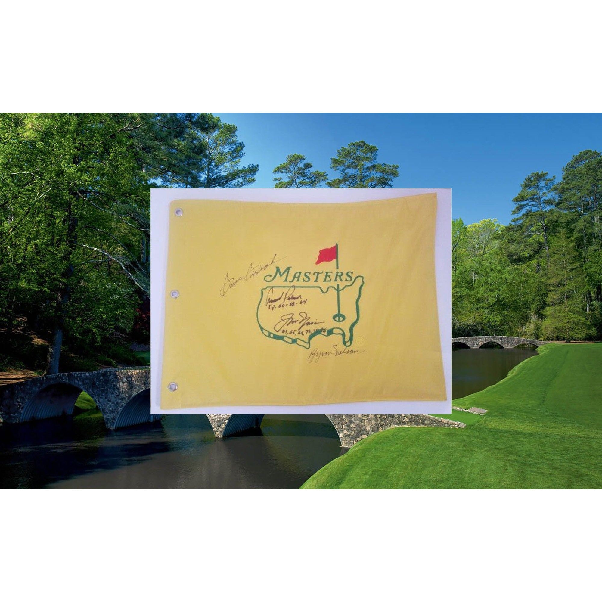 Arnold Palmer Jack Nicklaus Sam Snead Byron Nelson Masters pin flag signed with proof
