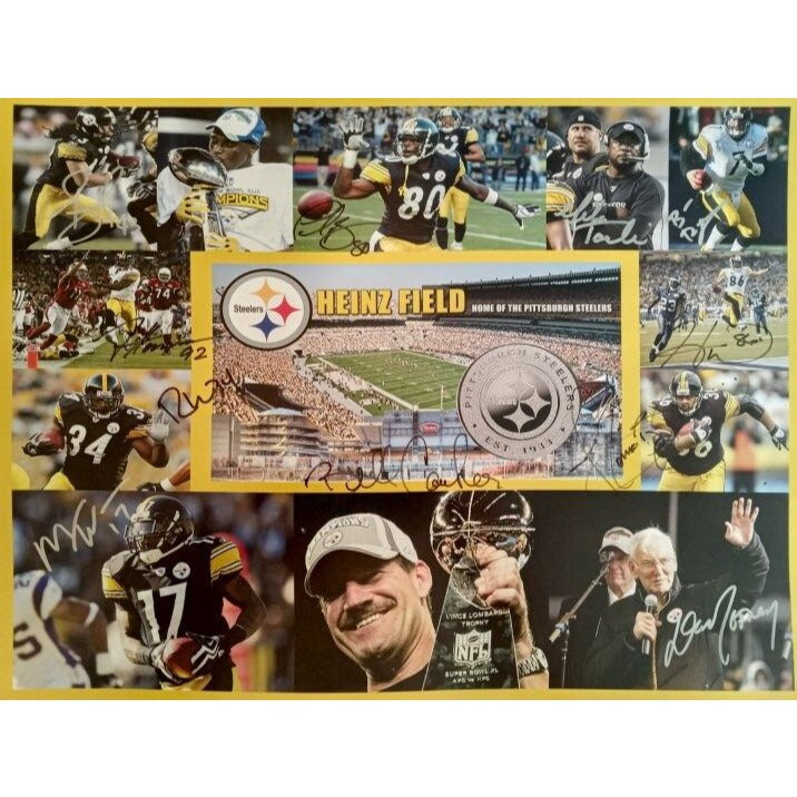 Pittsburgh Steelers Super Bowl champs Troy Polamalu Plaxico Burress Ben Roethlisberger Hines Ward Jerome Bettis 16 x 20 photo signed - Awesome Artifacts 