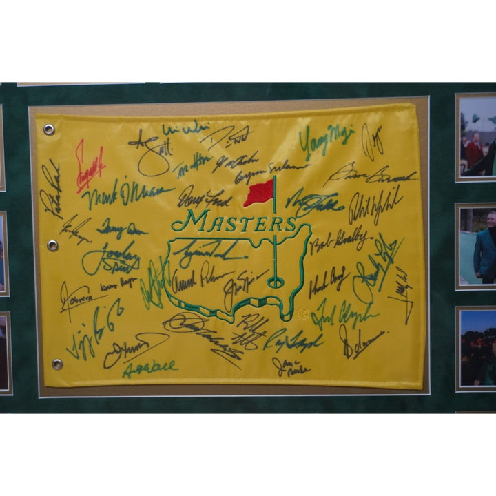 Tiger Woods, Jack Nicklaus, Sam Snead framed Masters champion signed golf flag with proof - Awesome Artifacts 