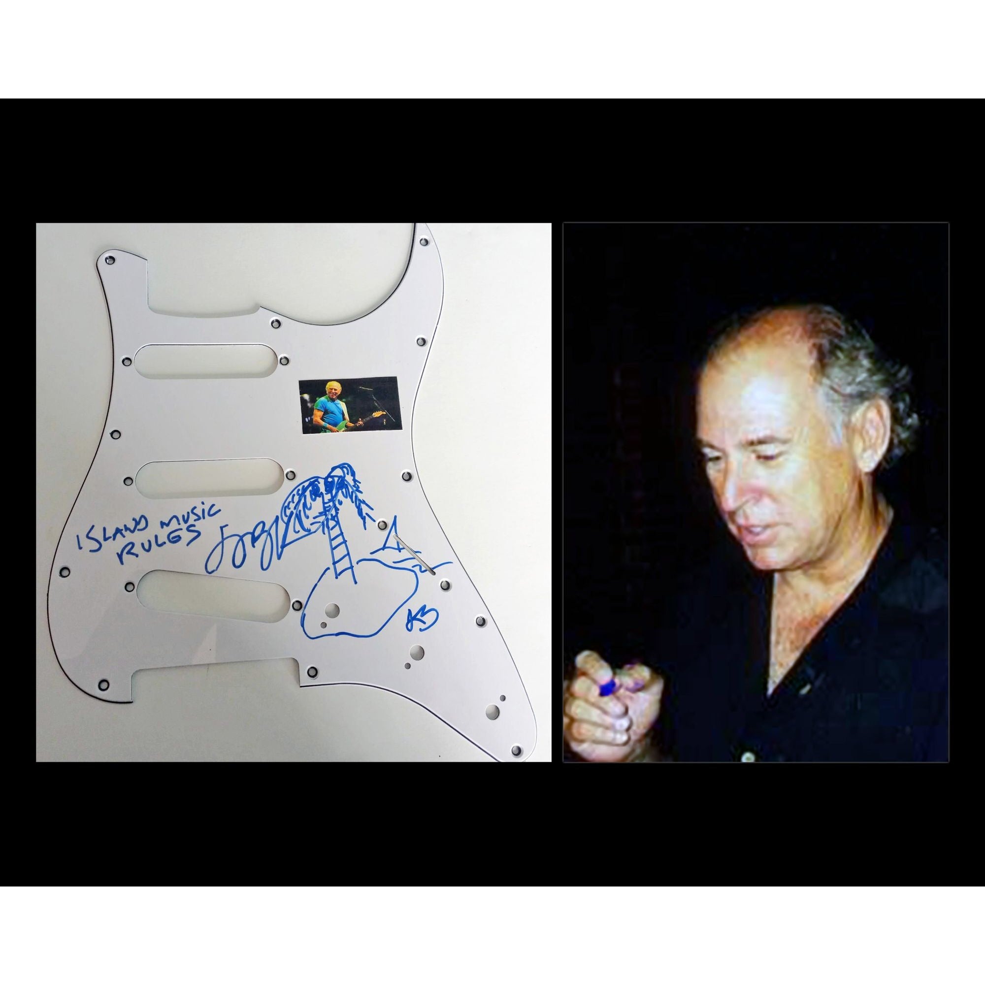 Jimmy Buffett electric guitar pickguard signed with Sketch and proof