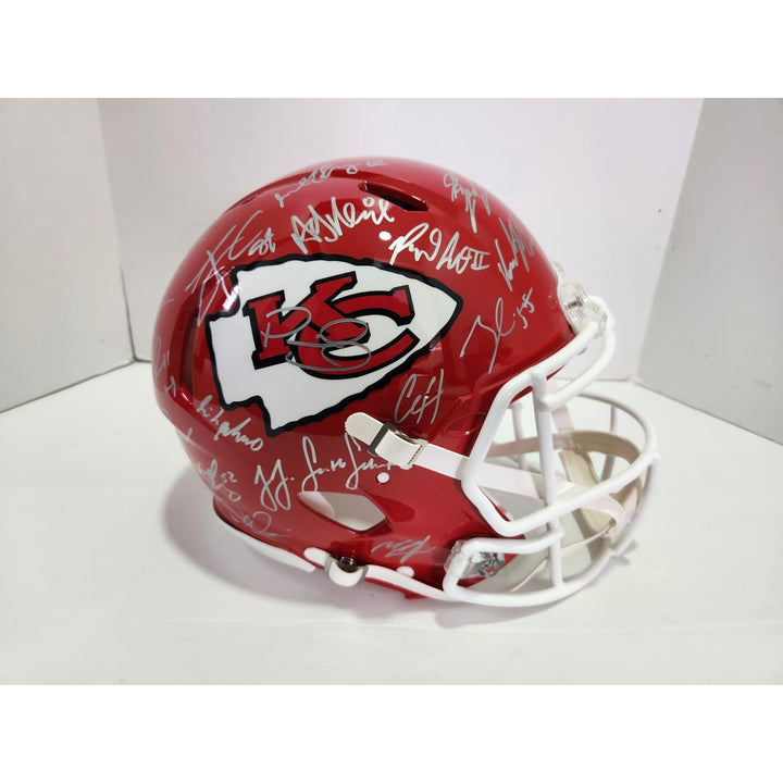 Patrick Mahomes Andy Reid Chris Jones 2022-23 Kansas City Chiefs AFC champions Speed pro model helmet signed with proof with free case