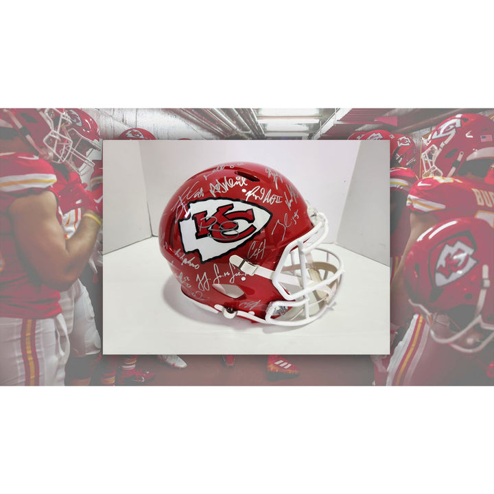 Patrick Mahomes Andy Reid Chris Jones 2022-23 Kansas City Chiefs AFC champions Speed pro model helmet signed with proof with free case