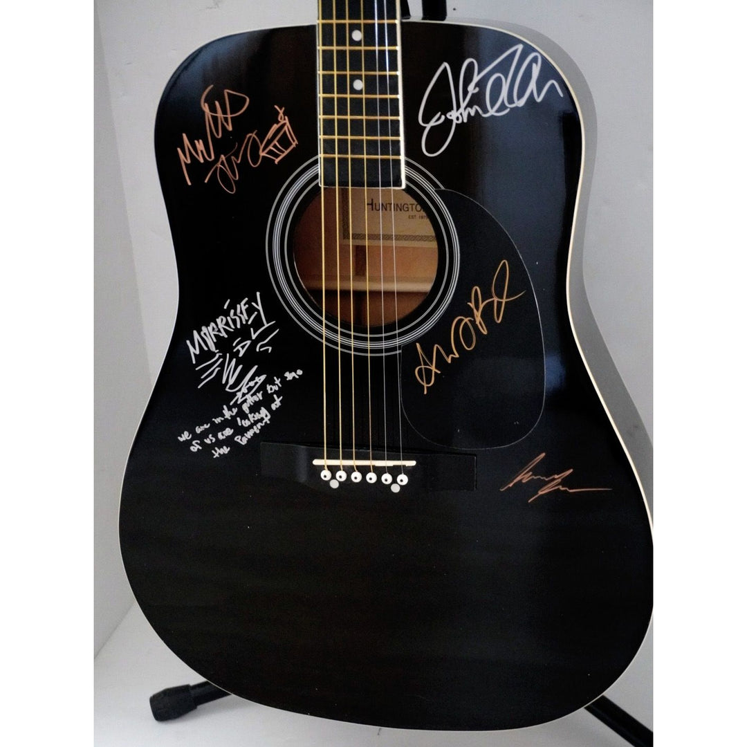 Morrissey, Johnny Marr, Andy Rourke, Mike Joyce, The Smiths black acoustic guitar signed with proof - Awesome Artifacts 