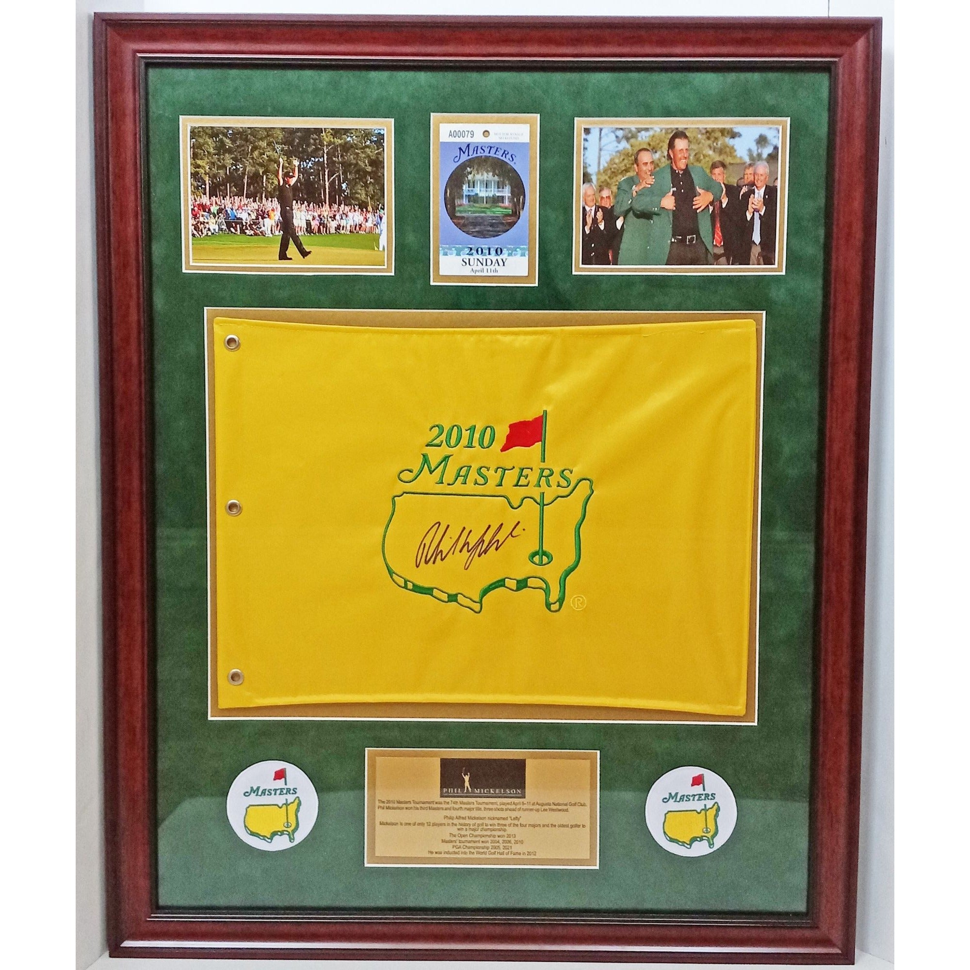 Phil Mickelson 2010 Masters Golf pin flag framed 32in x 26in signed with proof