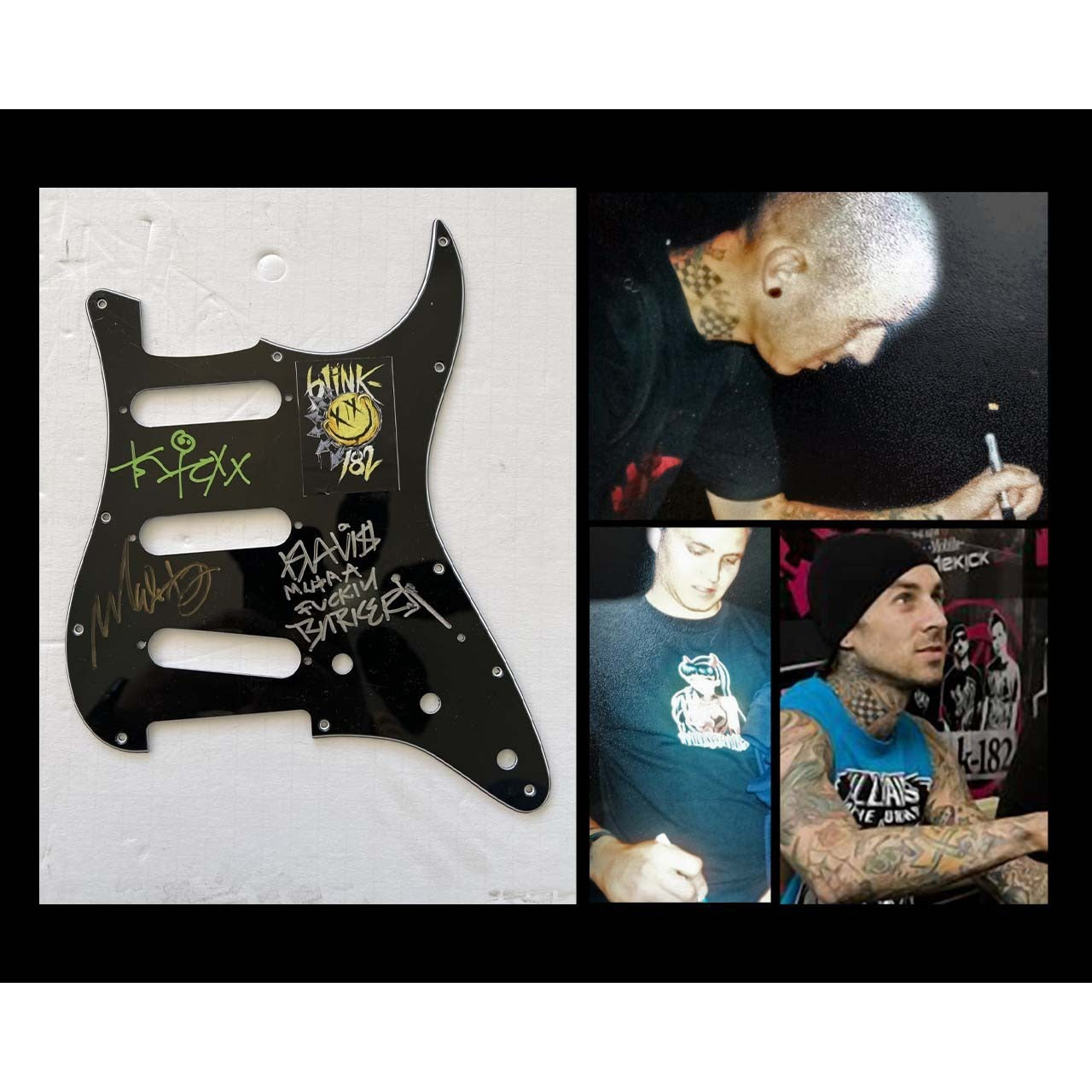 Blink 182 Mark Hoppus, guitarist/vocalist Tom DeLonge, and drummer Travis Barker. electric guitar pickguard signed with proof