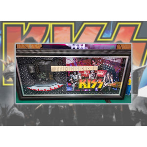 Kiss Gene Simmons Ace Frehley, Peter Criss, Paul Stanley AX guitar signed and framed 22x47 with proof