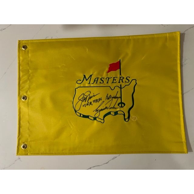 Tiger Woods and Jack Nicklaus Masters pin flag signed with proof