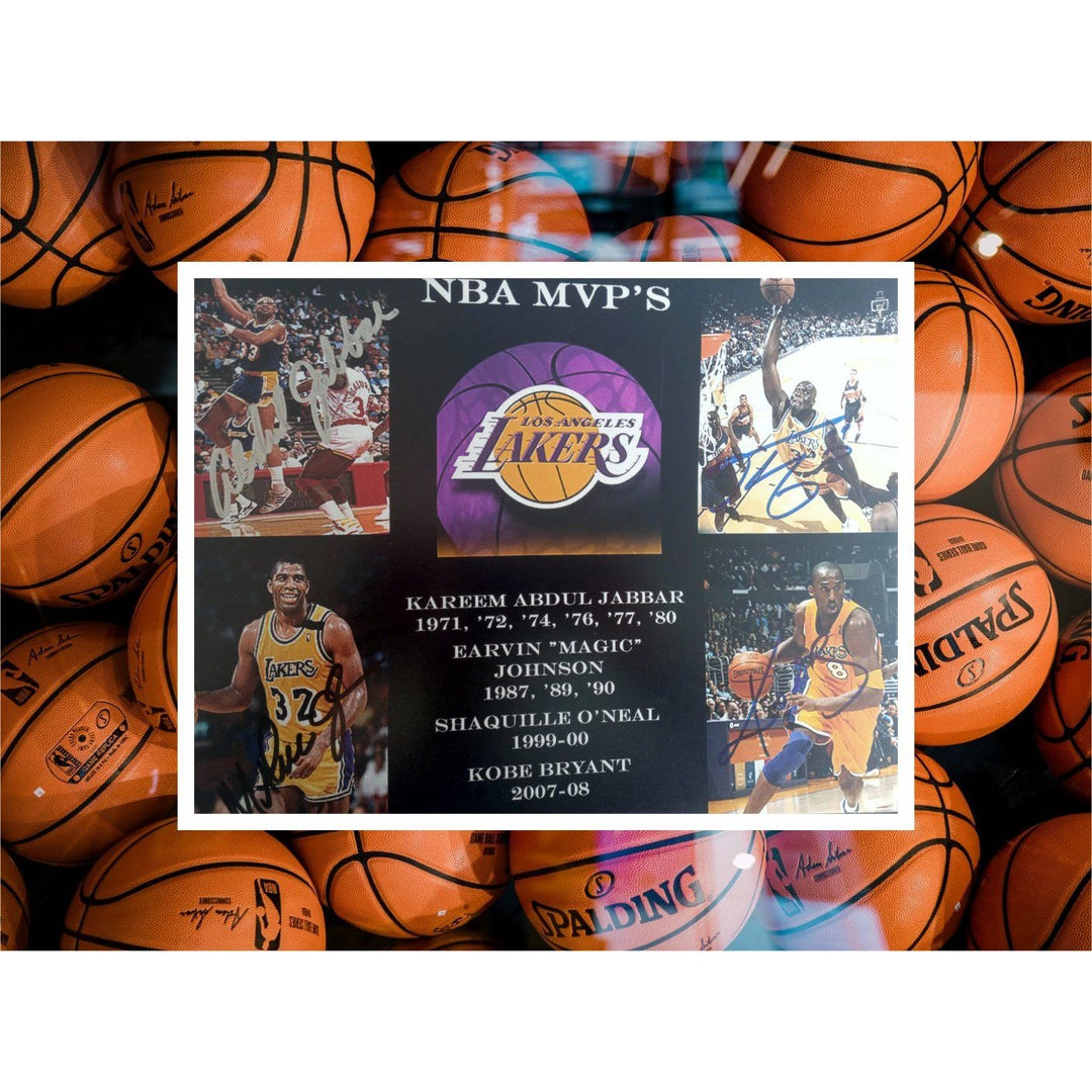 Los Angeles Lakers Kobe Bryant Shaquille O'Neal Magic Johnson Kareem Abdul-Jabbar 11 x 14 photo signed with proof - Awesome Artifacts 