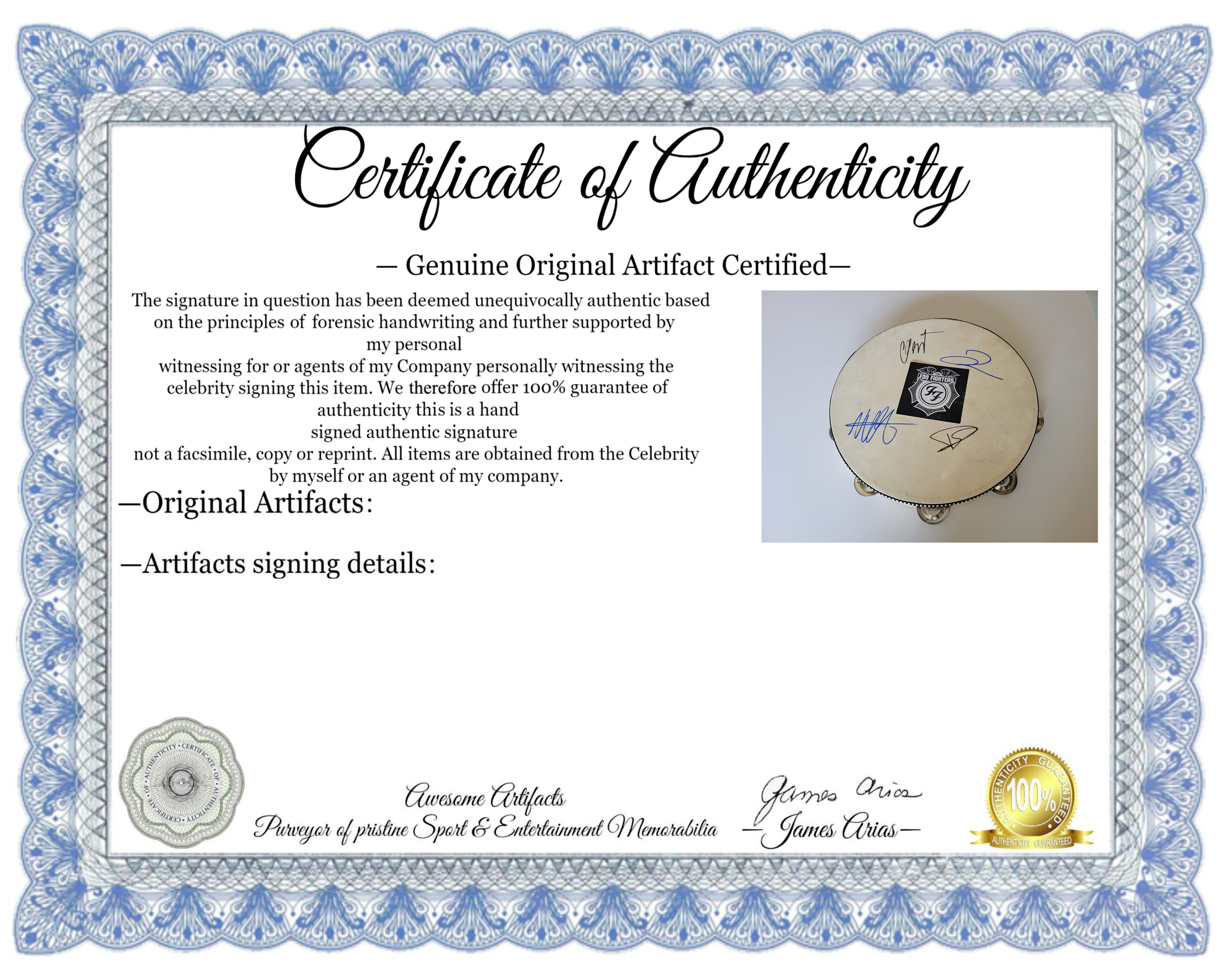 Foo Fighters, Dave Grohl, Nate Mendel, Taylor Hawkins, Chris Shiflett tambourine signed