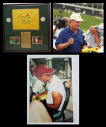 Load image into Gallery viewer, Jack Nicklaus and Tiger Woods Masters champions Golf flag signed and framed with proof 34 x 34
