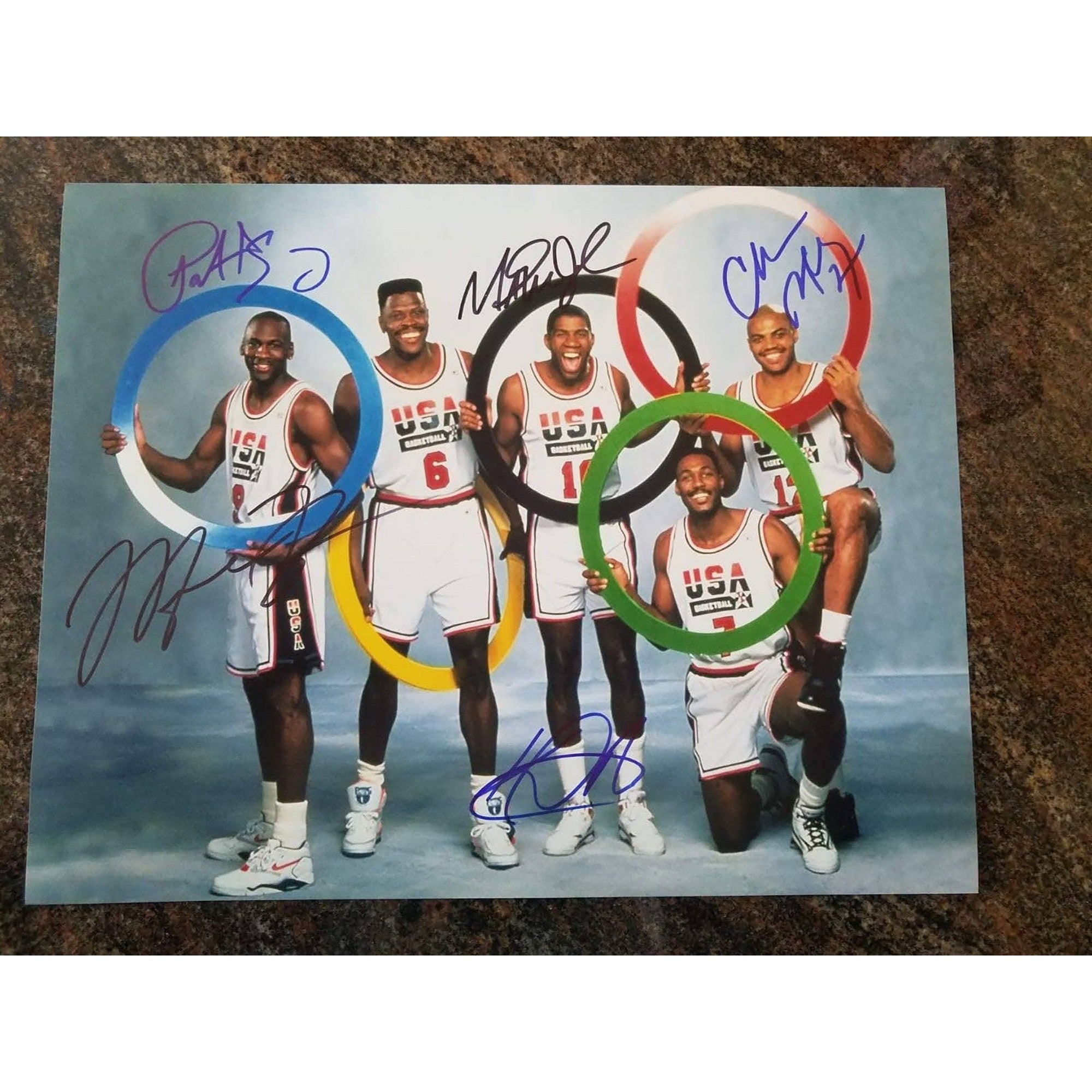 Michael Jordan, Magic Johnson, Charles Barkley, Patrick Ewing, Karl Malone 11 by 14 photo  signed