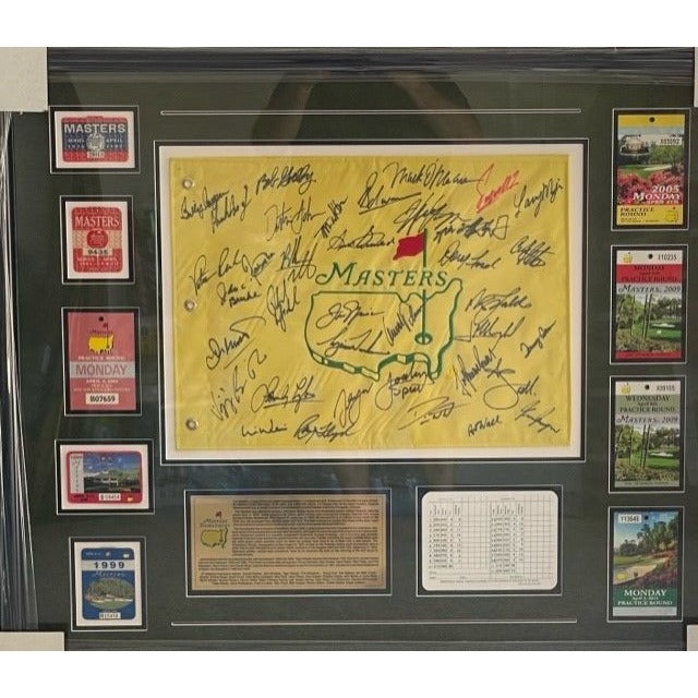 Masters Champions 35 in all with original Masters Tournament tickets signed Masters Flag and framed
