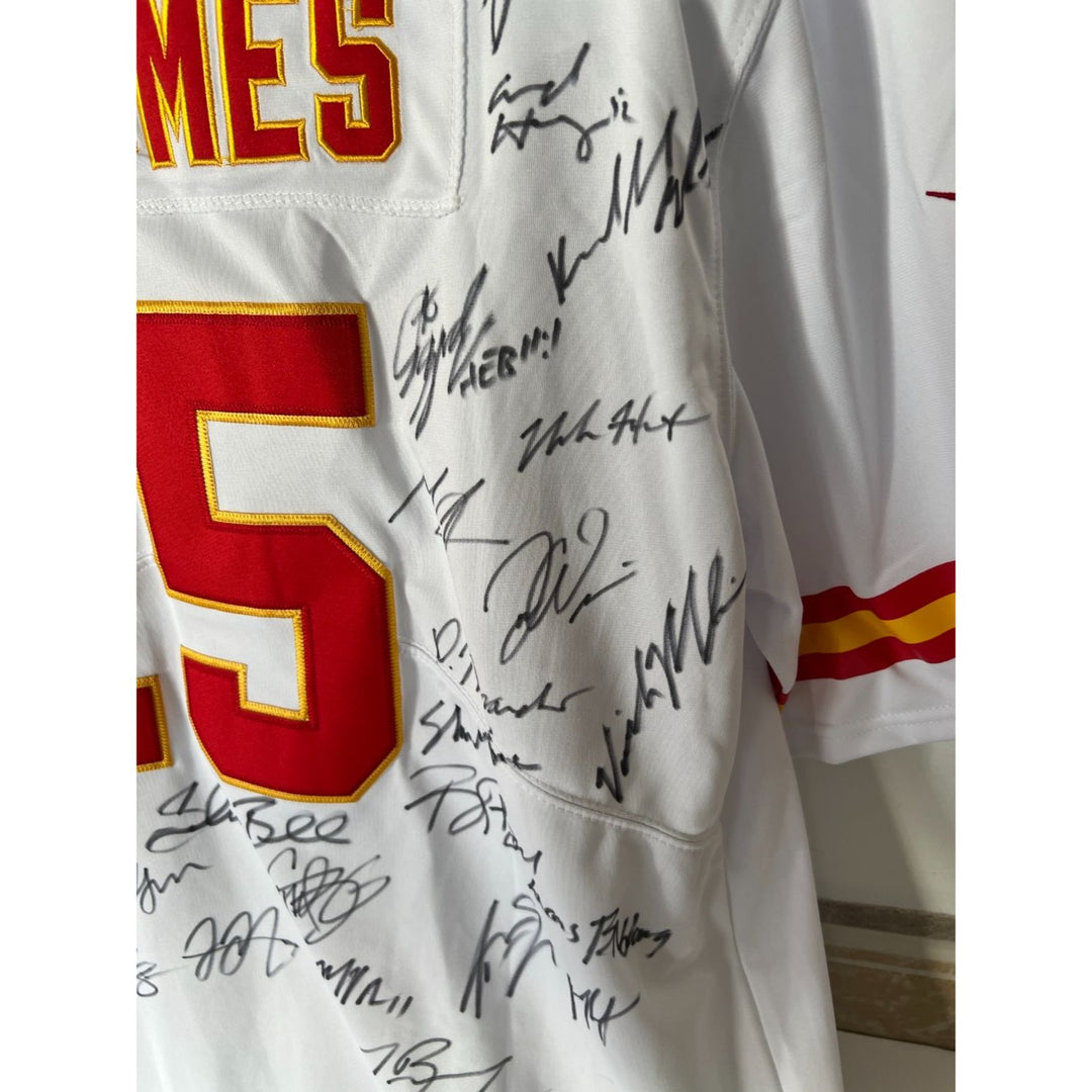 Patrick Mahomes Andy Reid Travis Kelce 2022-23 Kansas City Chiefs authentic Patrick Mahomes jersey signed with proof