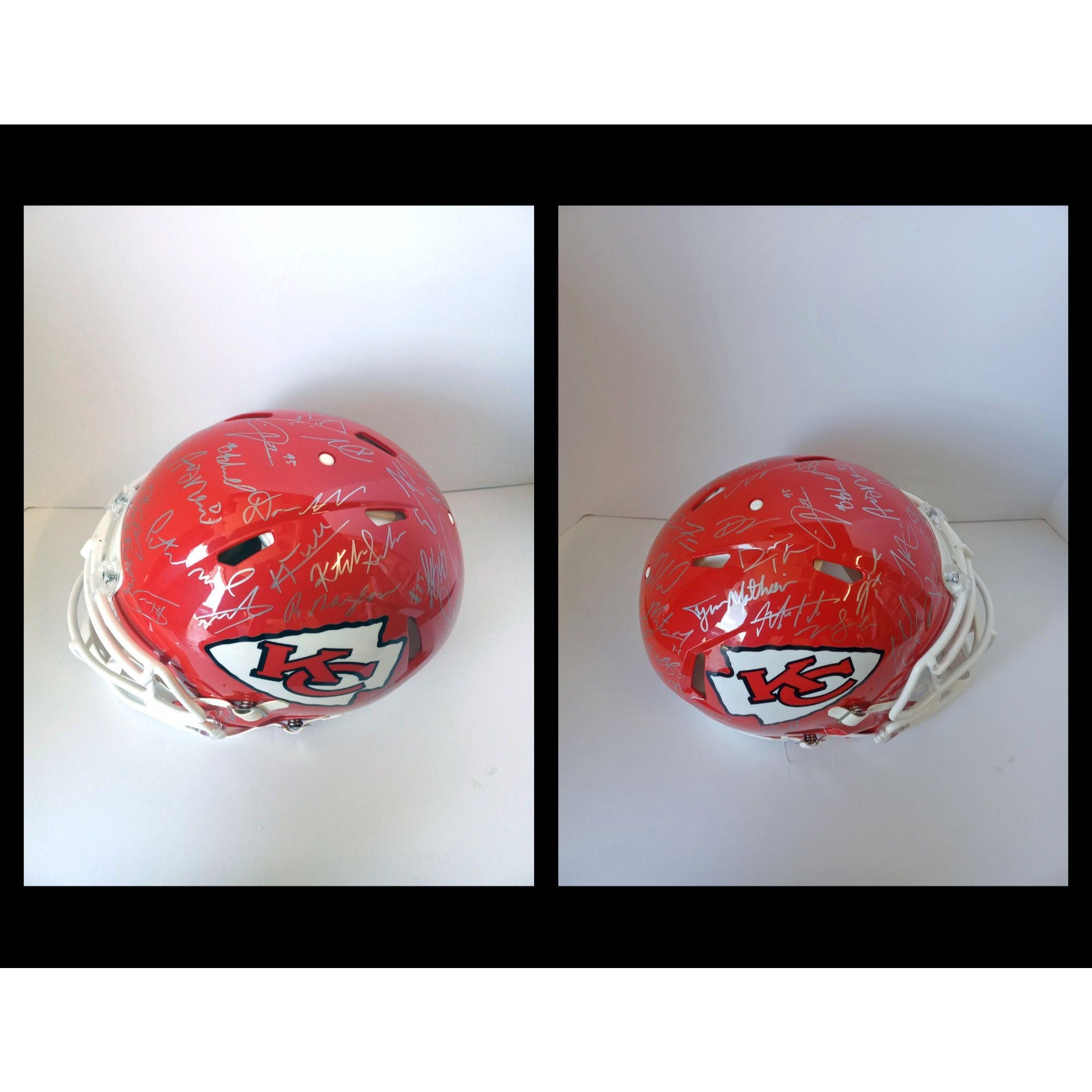 Patrick Mahomes, Travis Kelce, Kansas City Chiefs Super Bowl champions team sign speed Riddell helmet with proof