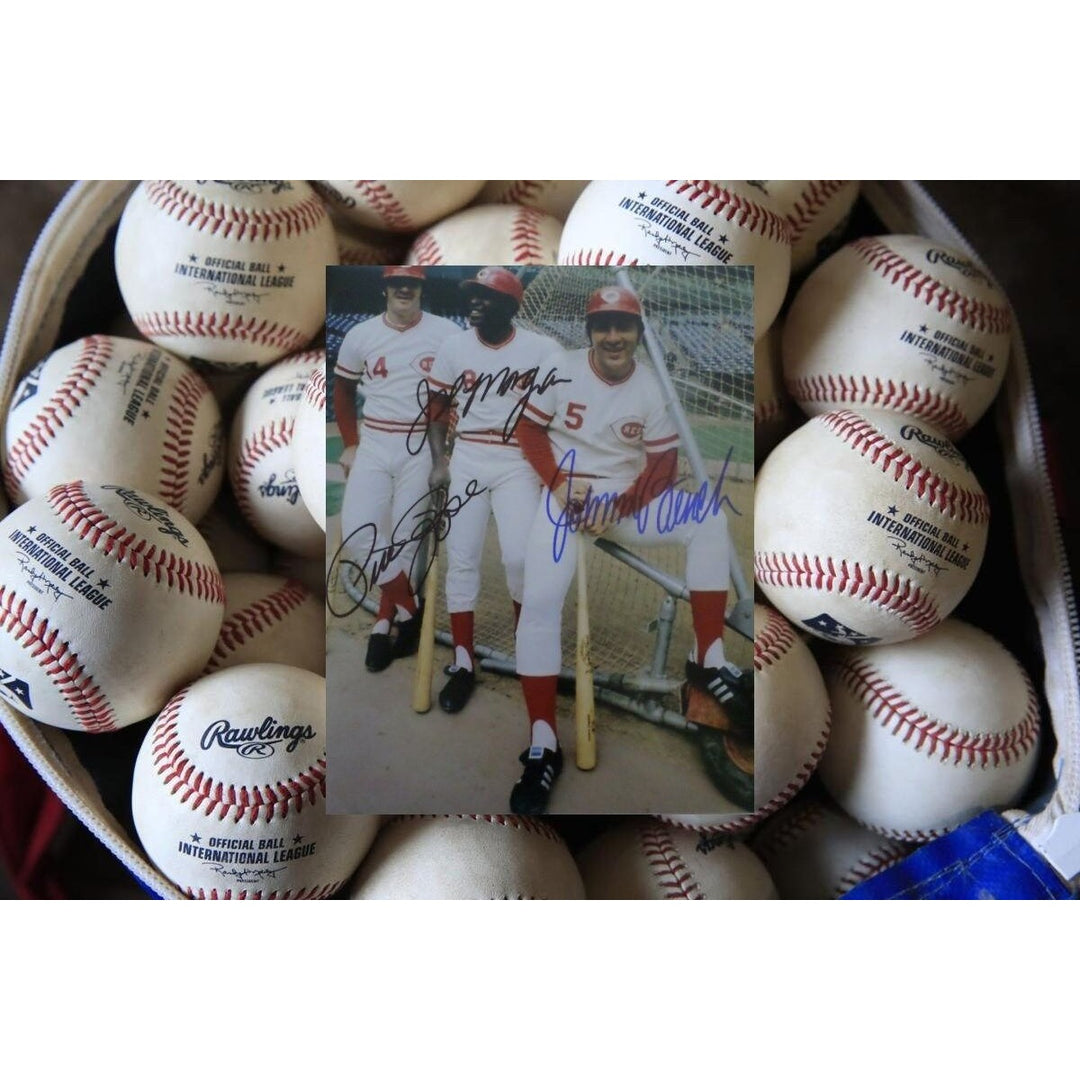 Joe Morgan Pete Rose and Johnny Bench 8 by 10 signed photo