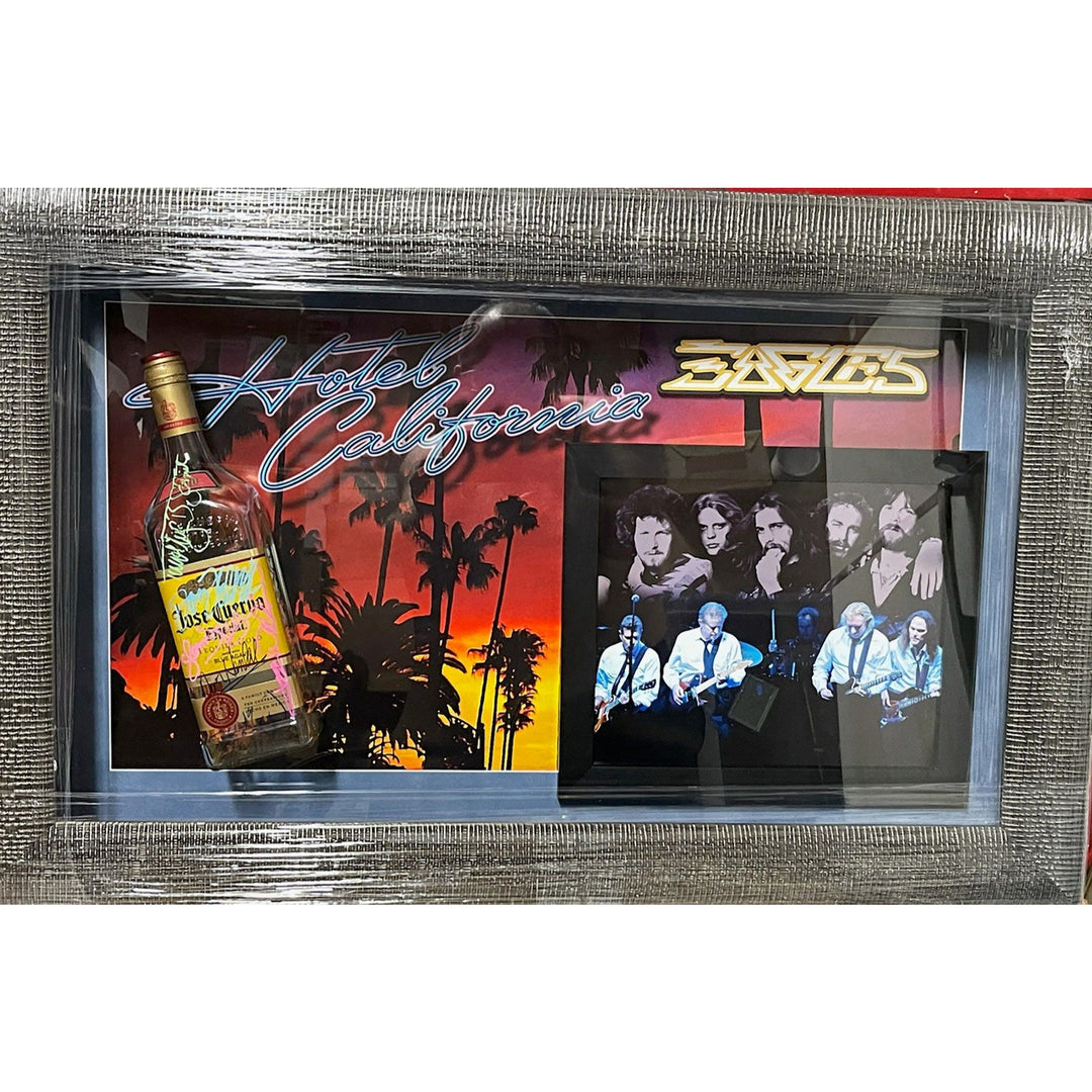 Don Henley, Glen Frye, Don Felder 'Just Another Tequila Sunrise' Eagles tequila bottle signed & framed with proof