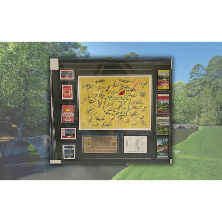 Masters Champions 35 in all with original Masters Tournament tickets signed Masters Flag and framed