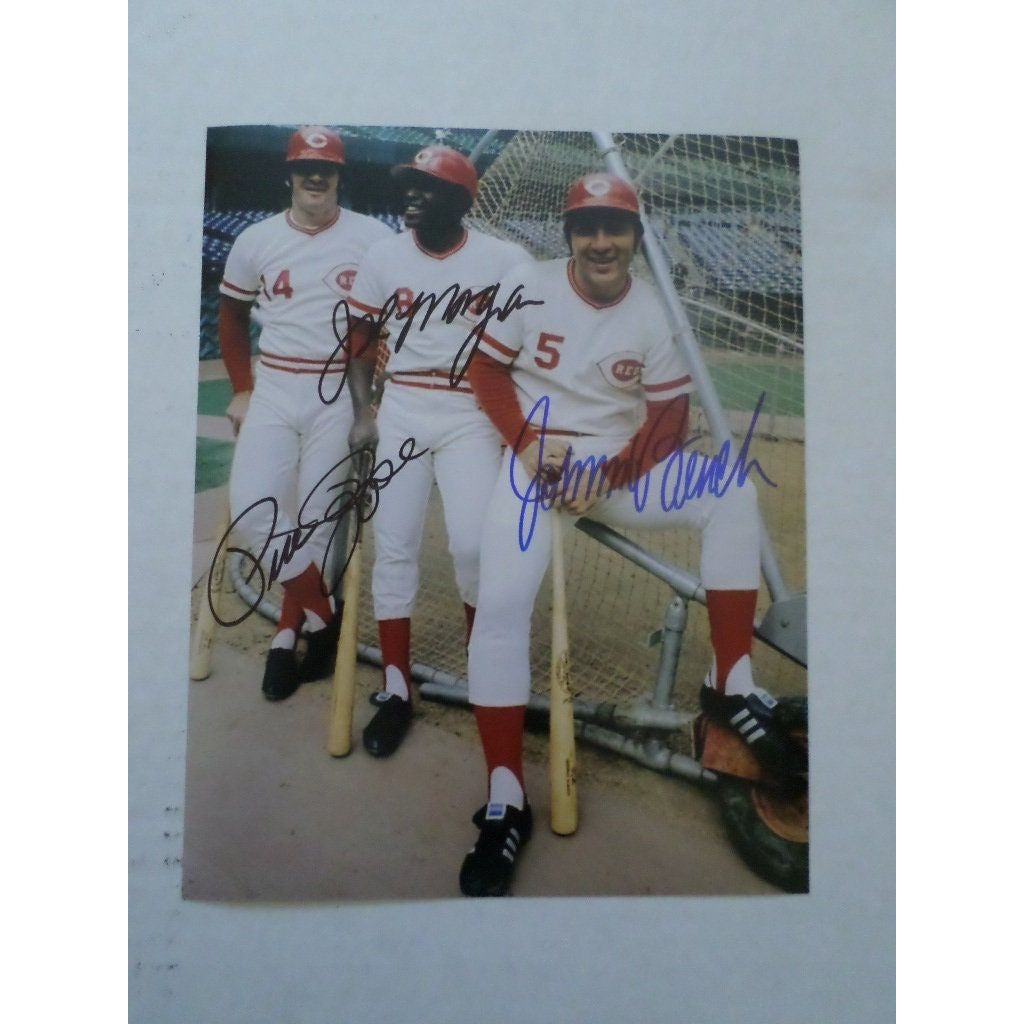 Joe Morgan Pete Rose and Johnny Bench 8 by 10 signed photo