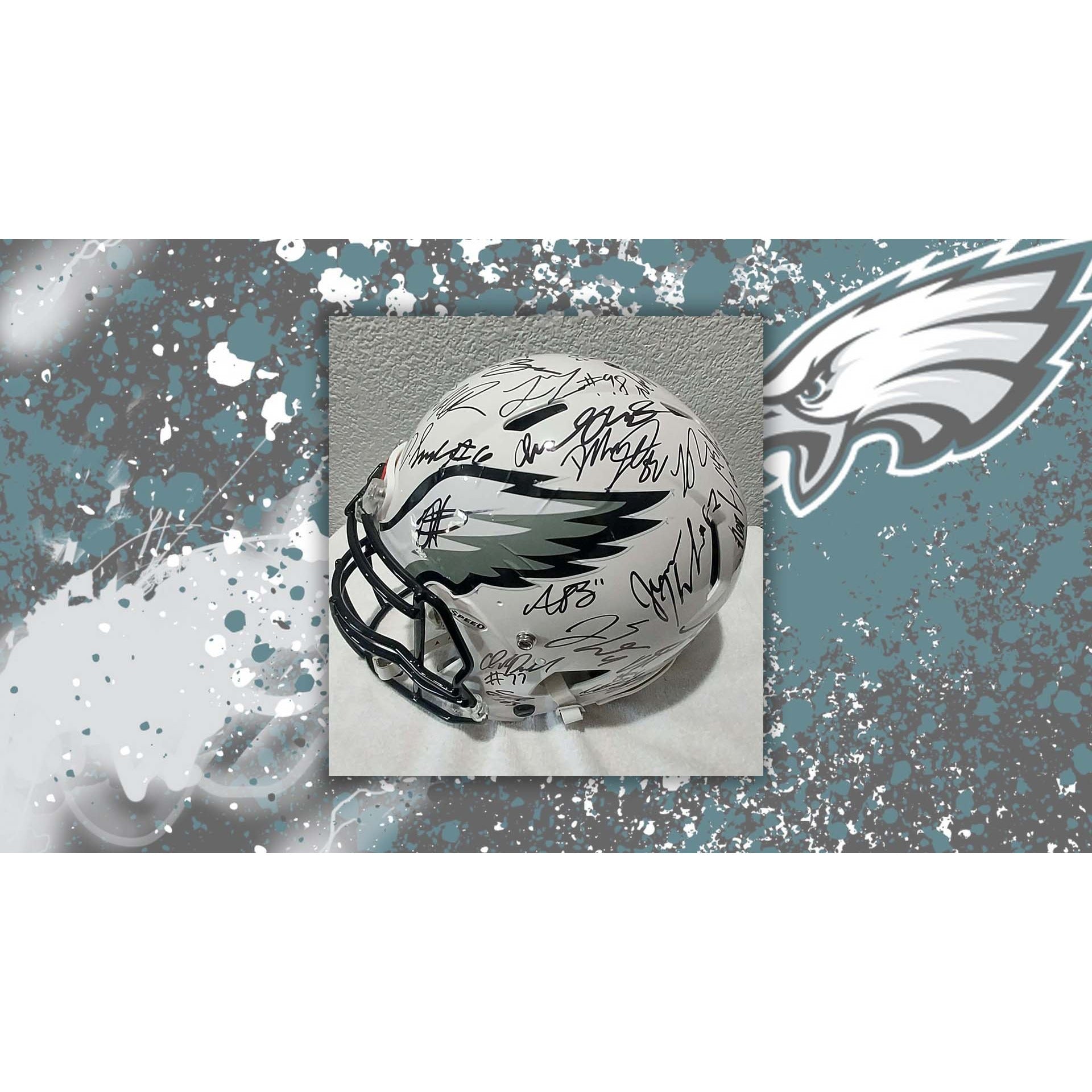 Philadelphia Eagles 2022-23 Riddell speed authentic helmet team signed AJ Brown Devanta Smith Jalen Hurts Fletcher Cox Jason Kelce  40 + sig