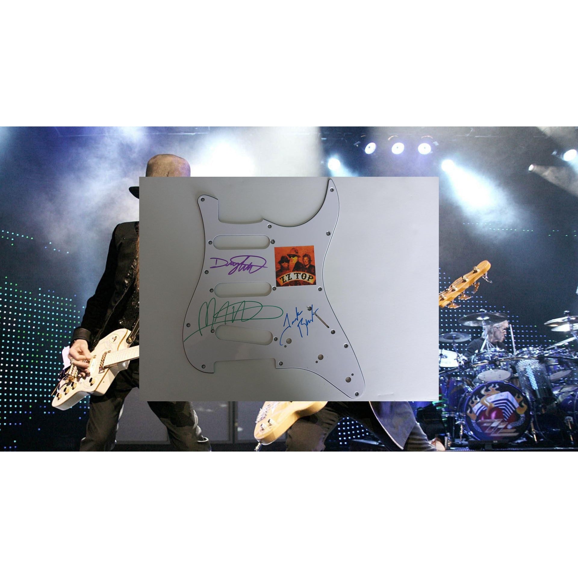 ZZ Top Billy Gibbons Frank Beard Dusty Hill electric guitar pickguard signed with proof